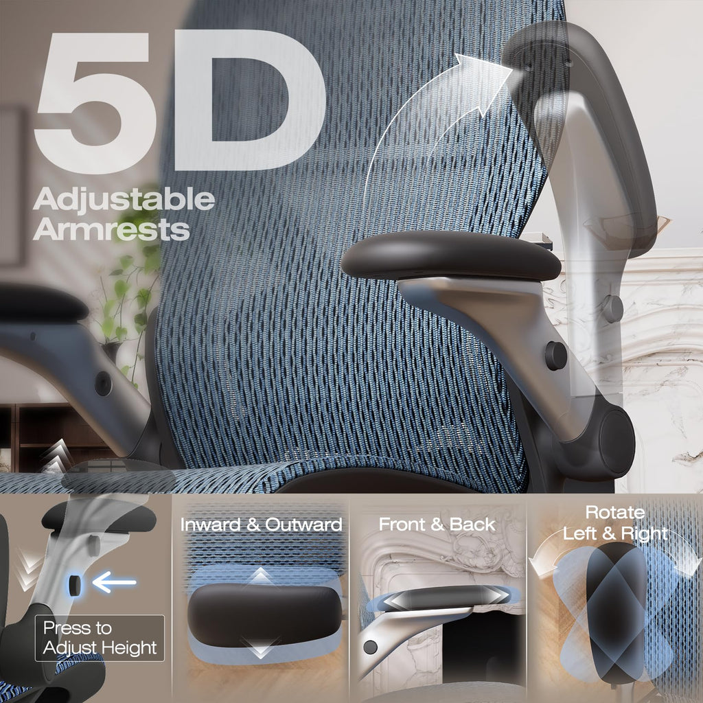 X100 Ergonomic Office Chair with Footrest, Big and Tall Home Desk Chair with 5D Flip-Up Arms, Adjustable 3D Lumbar Support,High Back Rolling Computer Chair, Swivel Mesh Chairs (Oaxaca Blue)