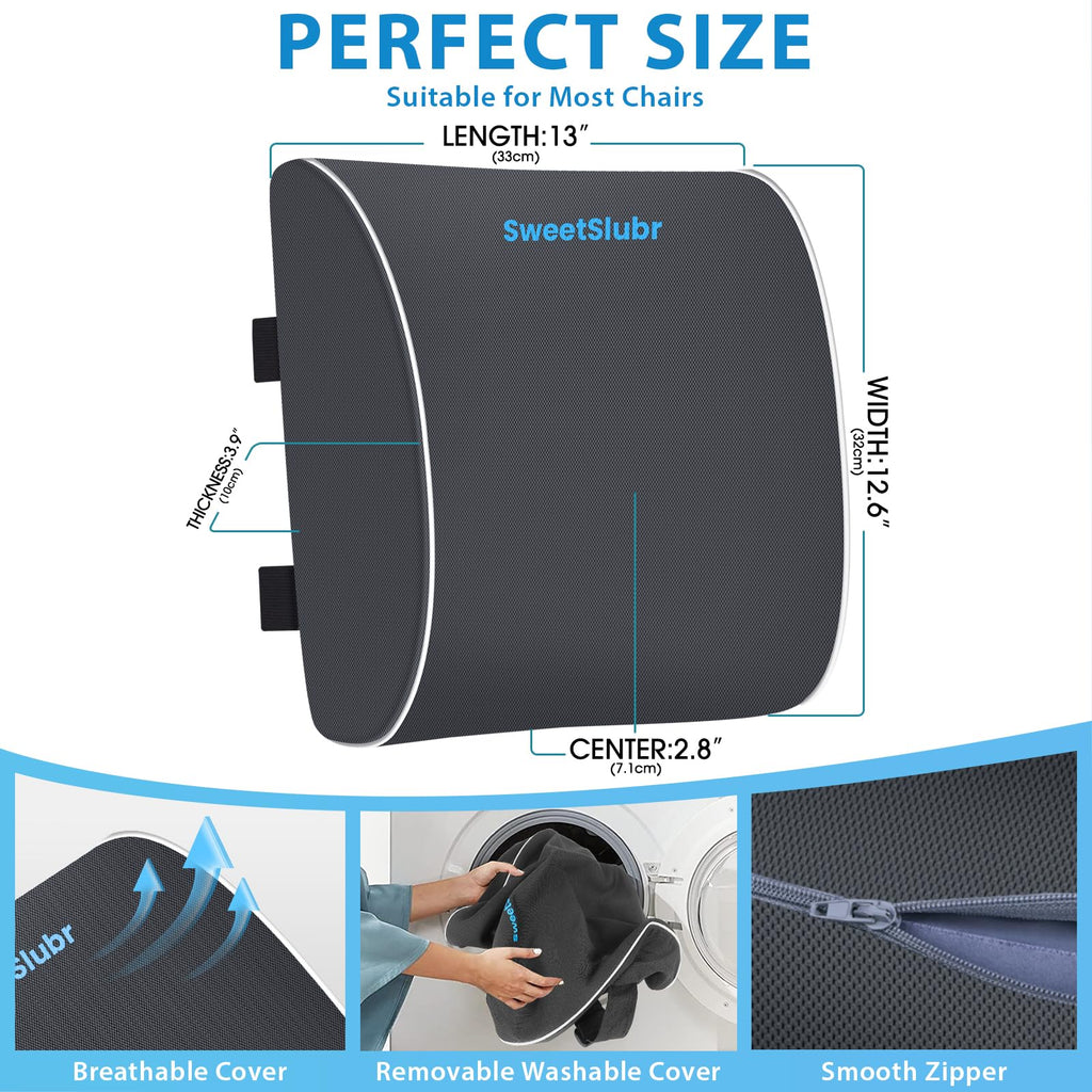 Lumbar Support Pillow for Office Chair, Car Seats and Home Desks, Ergonomic Back Support with Double Adjustable Straps, Machine Washable Cover, Gray