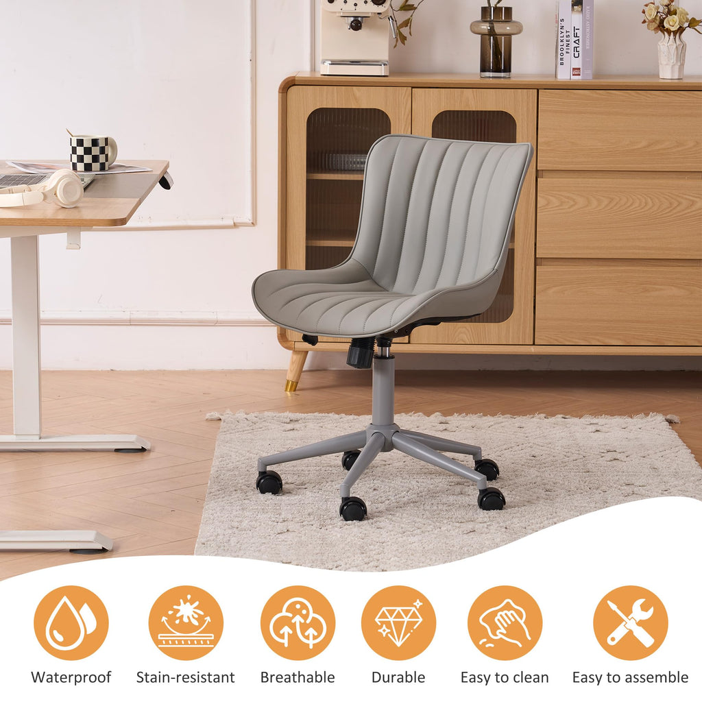 Home Office Desk Chair with Wheels Armless Vanity Chair with Back Comfy Modern Leather Upholstered Rolling Task Chair Swivel Small Cute Sewing Chair No Arms Wide Adjustable Ergonomic Grey