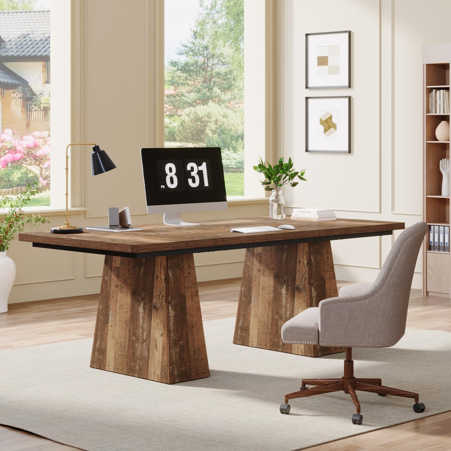 63-Inch Executive Desk, Large Office Computer Desk with Double Pedestal, Modern Simple Workstations Writing Table Conference Table Business Furniture for Home Office, Espresso Brown