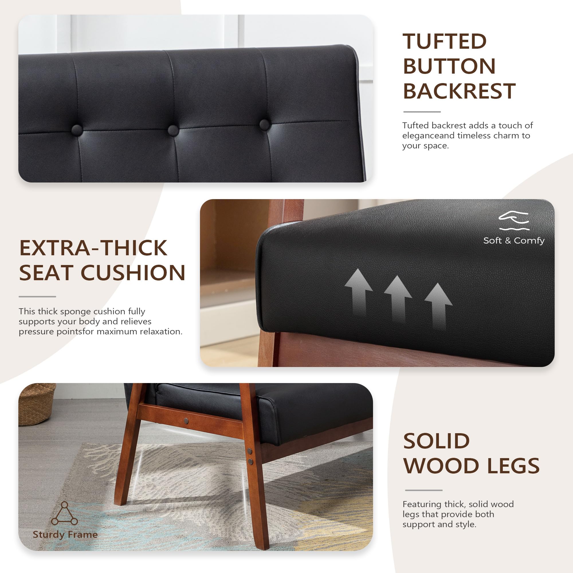 Mid-Century Modern Solid Loveseat Sofa Upholstered Faux Leather Couch 2-Seat Wood Armchair Living Room/Outdoor Lounge Chair, Waiting Room Sofa, 50”W