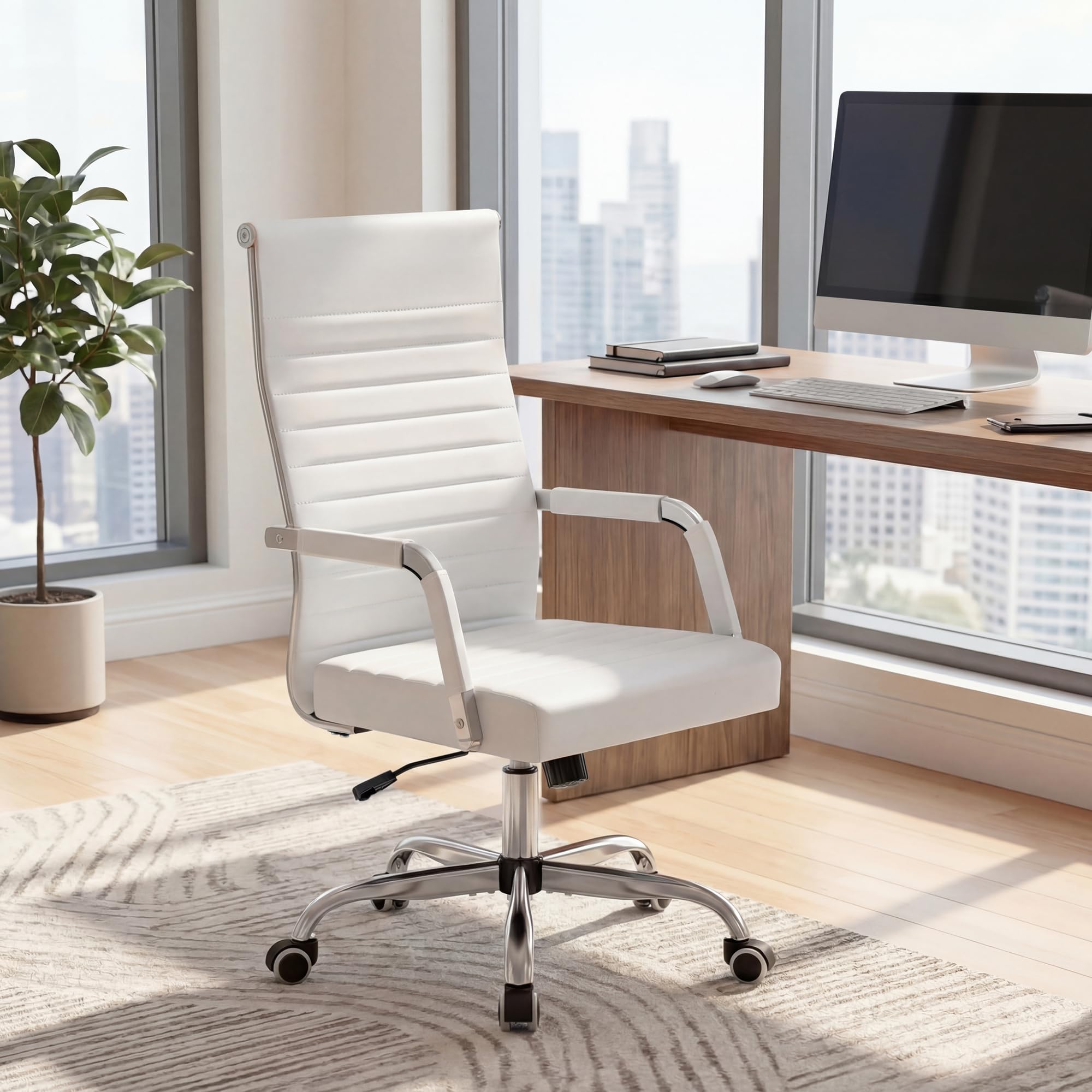 (2, White) Ergonomic Office Desk Chair, Executive Ribbed Mid-Back PU Leather Conference Room Chair Adjustable Swivel Chair with Arms