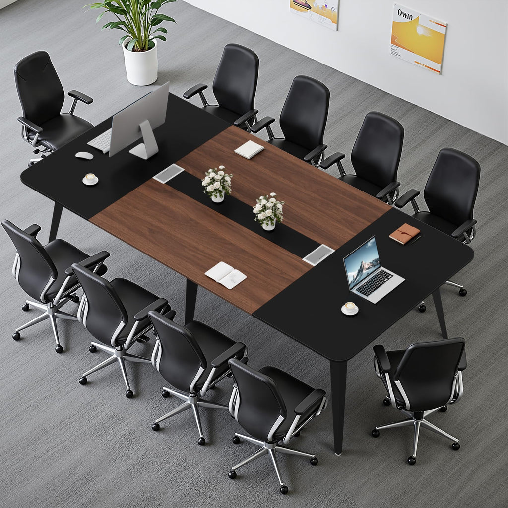 8FT Conference Table, 94.48” Meeting Seminar Table with Cable Grommets, Boardroom Table Workstation for Meeting Room, Office Conference (Black & Walnut)
