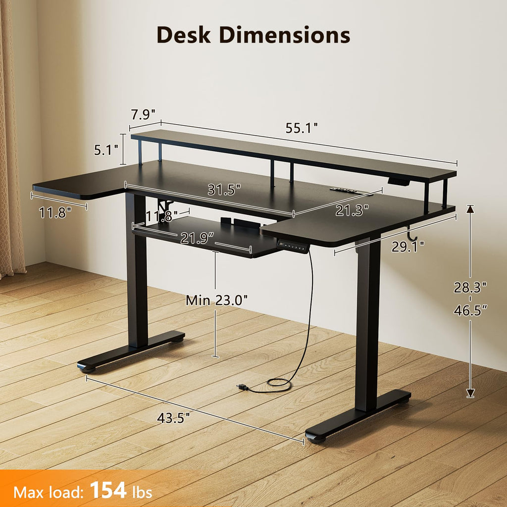 U Shaped Electric Standing Desk with Keyboard Tray, 55 Inch Height Adjustable Desk with Power Outlets & LED Lights, Sit Stand Table with Monitor Stand for Home, Office, Black