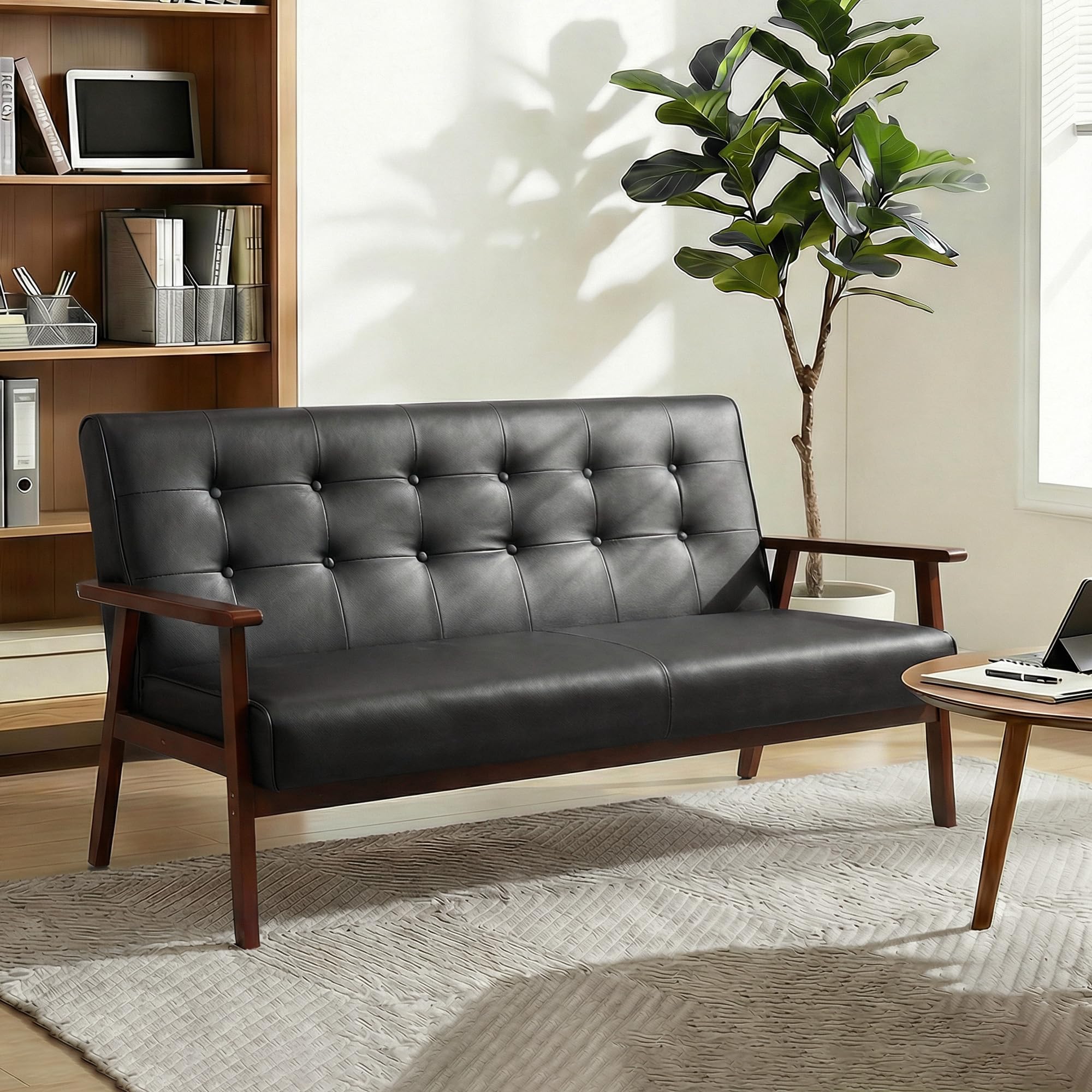 Mid-Century Modern Solid Loveseat Sofa Upholstered Faux Leather Couch 2-Seat Wood Armchair Living Room/Outdoor Lounge Chair, Waiting Room Sofa, 50”W