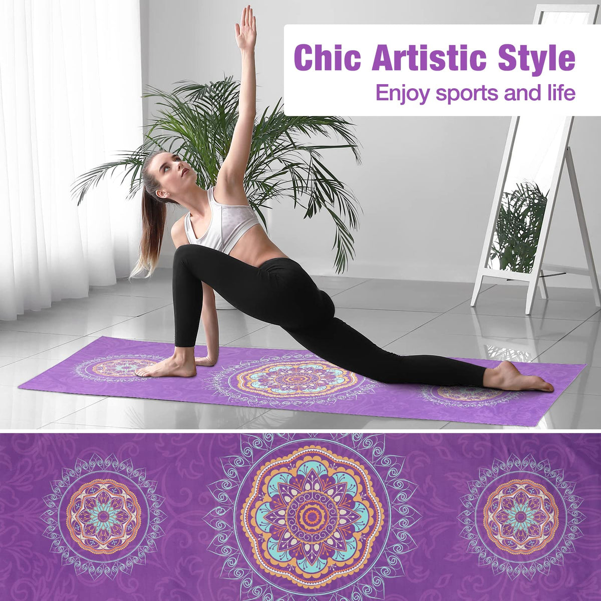 Yoga Towel, Non-Slip Quick-Dry Mat Towel, Purple Mandala