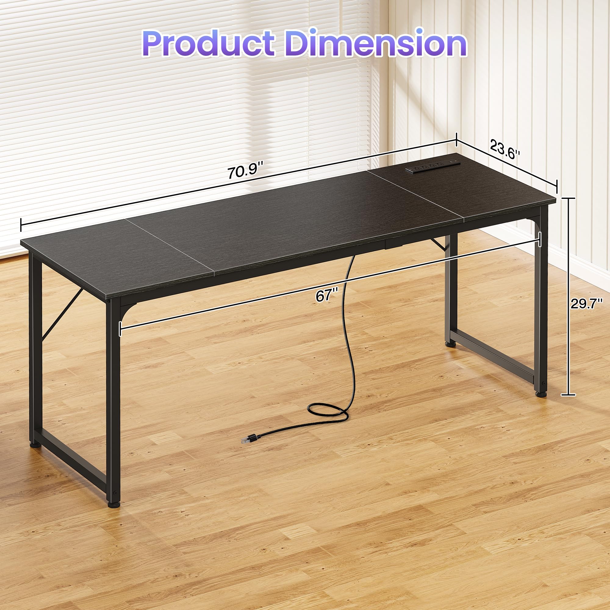 70 X 24 Inch Office Computer Desk with Power Outlets and USB-C Port, Larger and Longer Gaming Desk, for Home Office, Study, Writing Work from Home Table, Metal Frame, Black