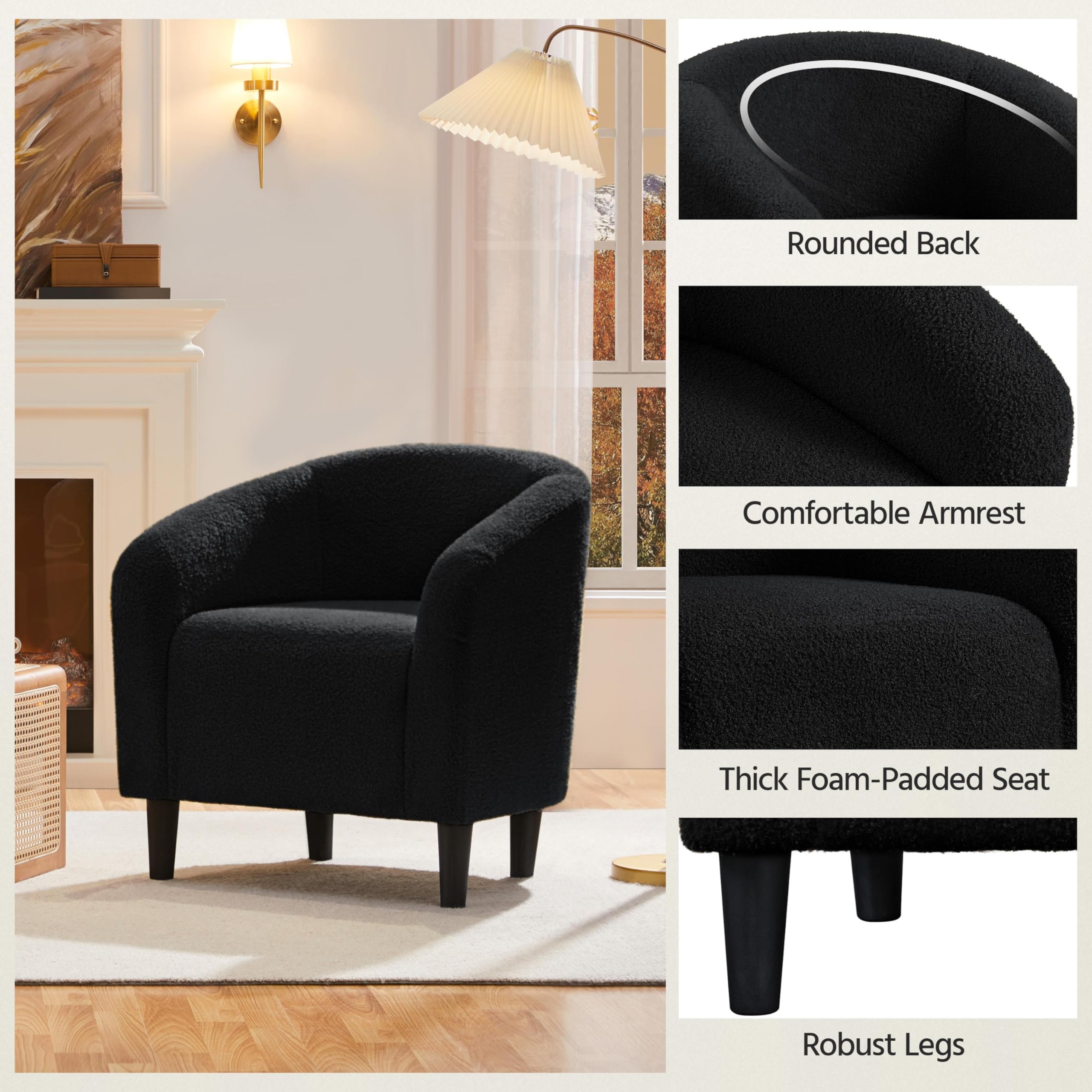 Accent Barrel Chair, Boucle Fabric Club Chair, Furry Sherpa Elegant Armchair with Cozy Soft Padded, Suitable for Living Room Bedroom Reception Office, Black