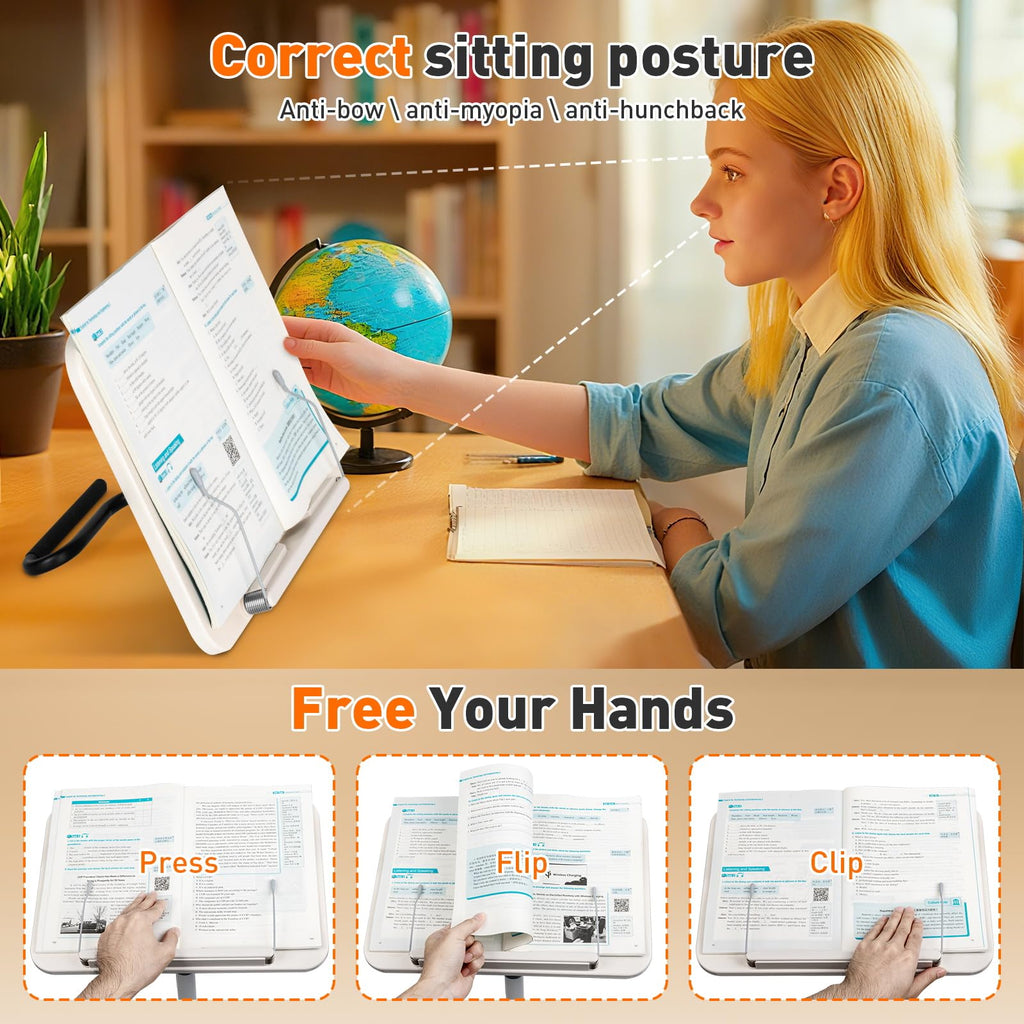 2-in-1 Floor Standing Book Stand, Foldable Book Holder for Reading with Page Clips, 19"–51" Height Adjustable, Sturdy Podium Stand for Reading, Bible, Laptop, Cookbooks, or Projector