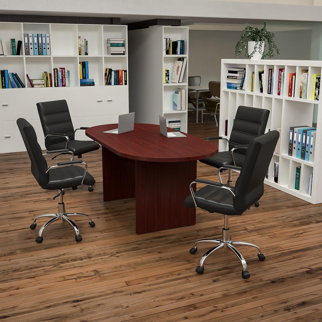 5 Piece Mahogany Oval Conference Table Set with 4 Black and Chrome LeatherSoft Executive Chairs