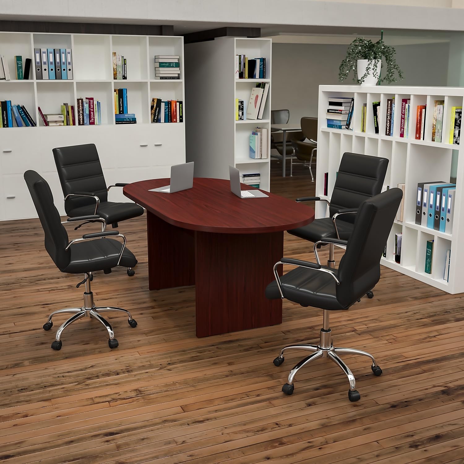 5 Piece Mahogany Oval Conference Table Set with 4 Black and Chrome LeatherSoft Executive Chairs