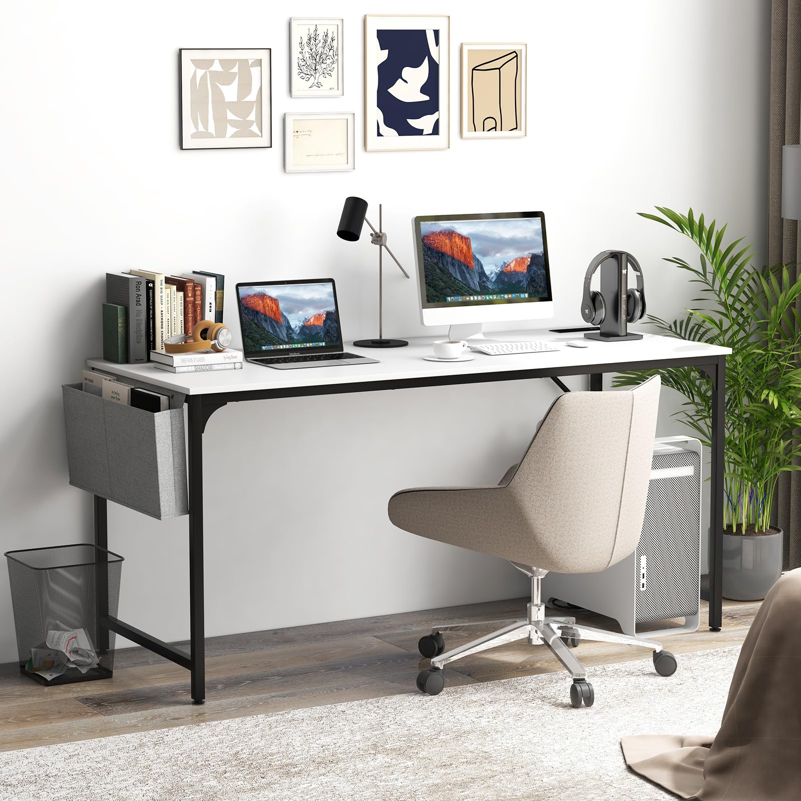 60" Conference Desk Set of 2, Modern Boardroom Desk with Storage Bag, Headphone Hook, Sturdy Metal Frame, Rectangular Seminar Table with Charging Station