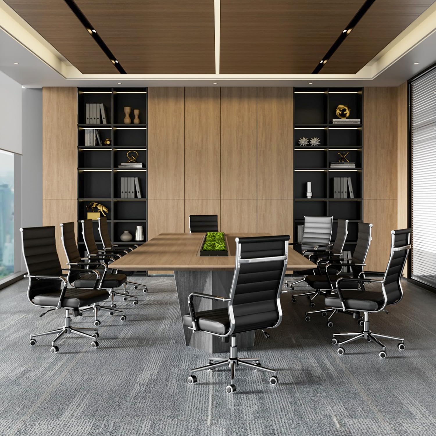 Office Desk Chair, Ergonomic Leather Modern Conference Room Chairs, Executive Ribbed Height Adjustable Swivel Rolling Chair for Home Office. (Black)