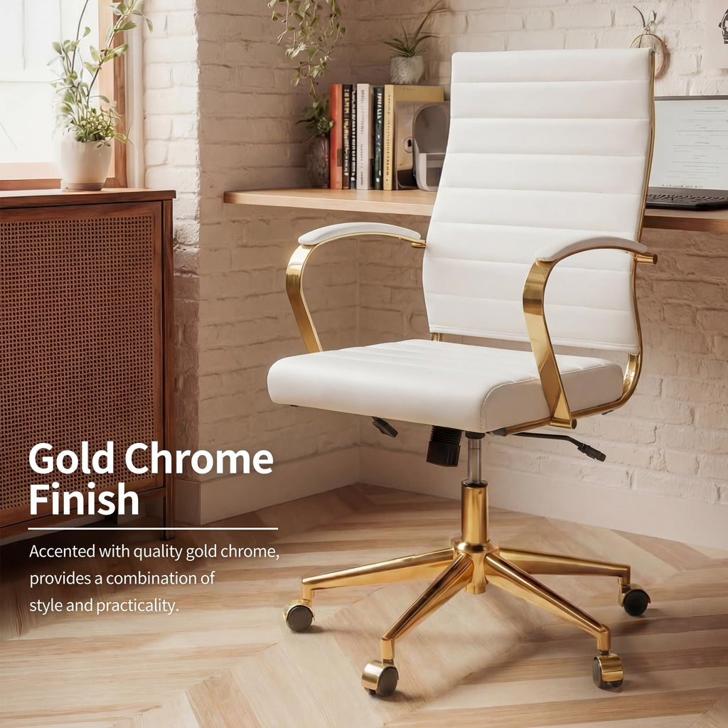 Gold Office Desk Chair, Ergonomic Leather Modern Conference Room Chairs, Executive Ribbed Height Adjustable Swivel Rolling Golden Chair for Home Office.