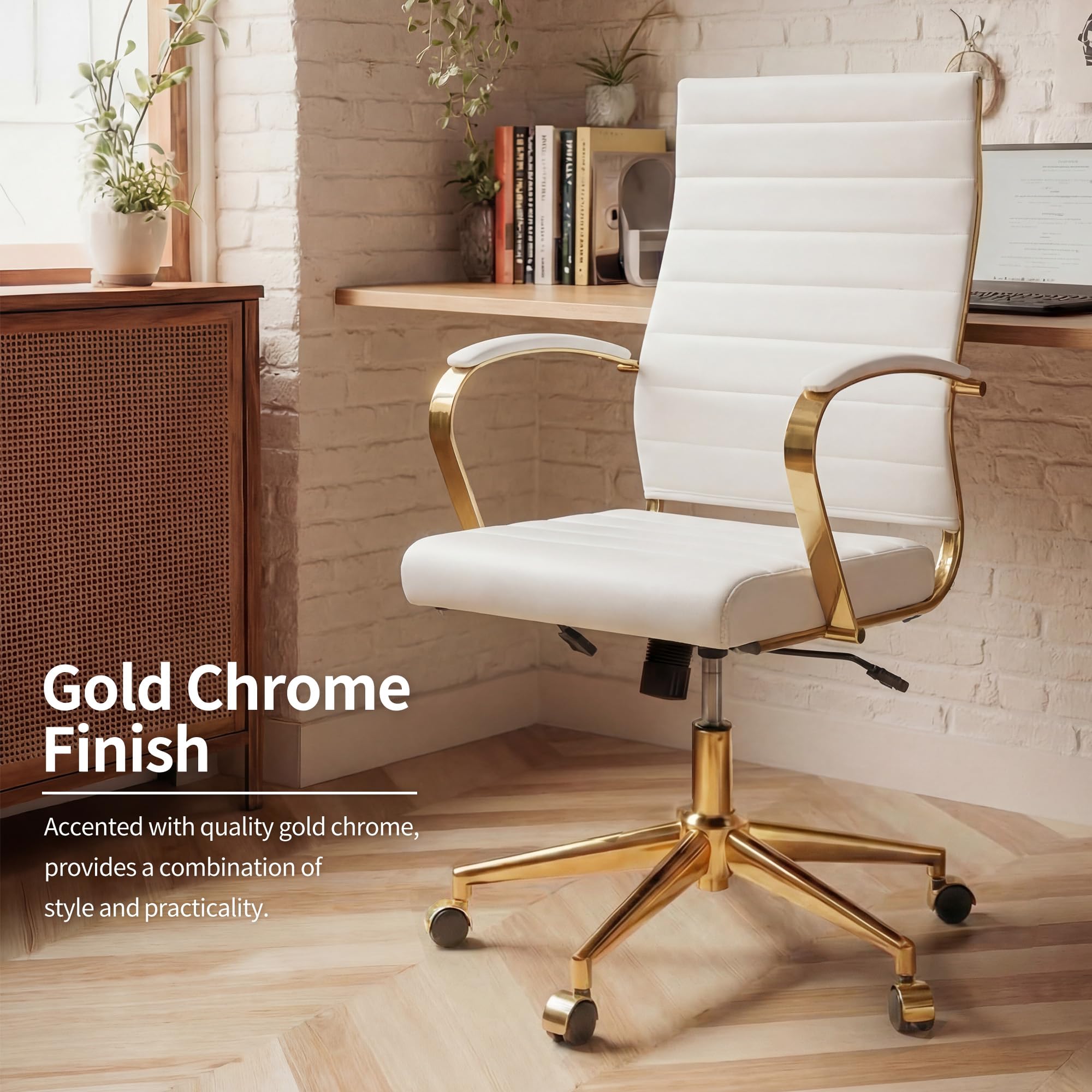 Gold Office Desk Chair, Ergonomic Leather Modern Conference Room Chairs, Executive Ribbed Height Adjustable Swivel Rolling Golden Chair for Home Office.