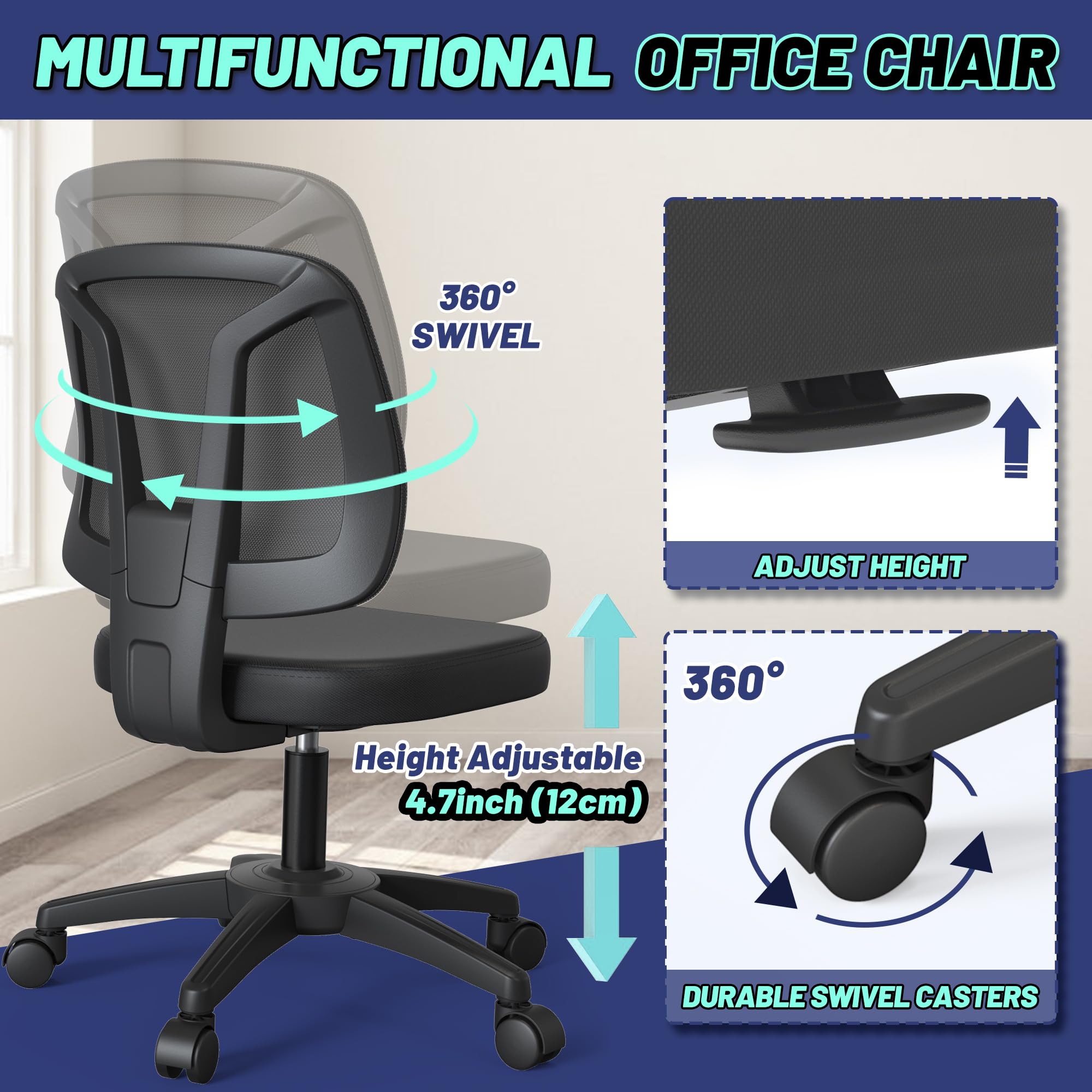 Armless Office Desk Chair No Arms with Back Support Rolling Wheels for Home Study office Work