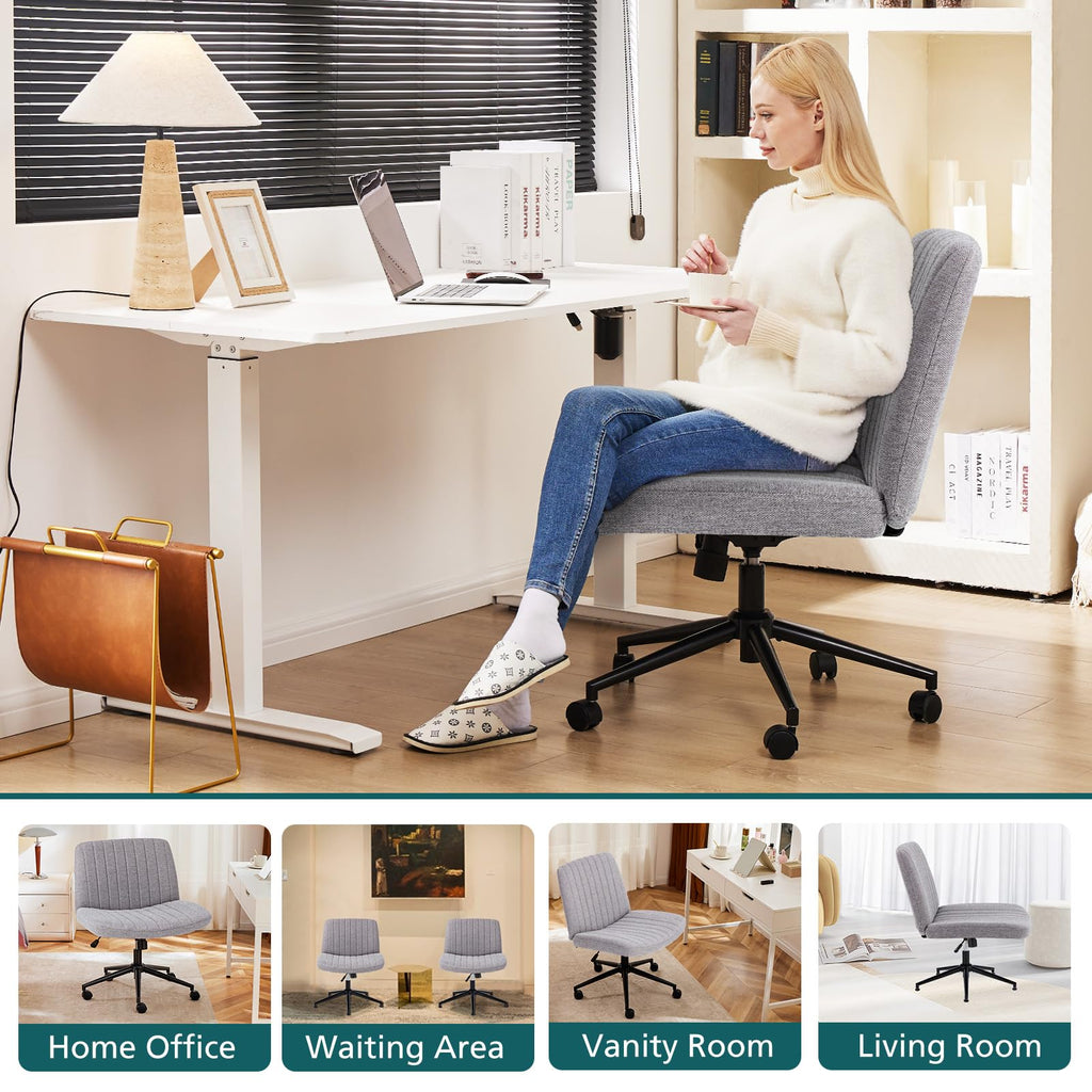 Criss Cross Chair with Wheels Wide Cross Legged Office Desk Vanity Chair Comfy Fabric Armless Height Adjustable Swivel for Home Computer Task Gray