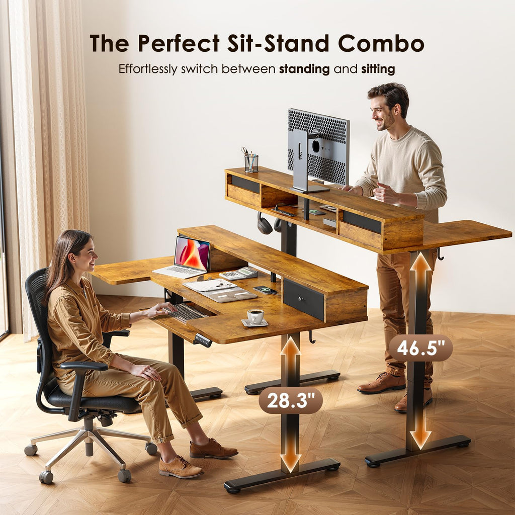U Shaped Electric Standing Desk with Drawers, 55 Inch Height Adjustable Desk with Keyboard Tray ＆ Ergonomic Monitor Stand, Sit Stand Table with Power Outlets for Home, Office, Rustic Brown