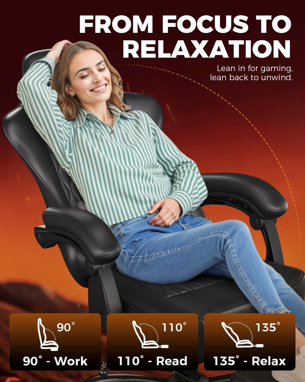 Big and Tall Gaming Chair with Footrest, Ergonomic Office Desk Chair with 4.4in Thick Cushion and Wide Wingless Seat, Comfortable Leather Computer Chair, Predator Series, Black with Trim
