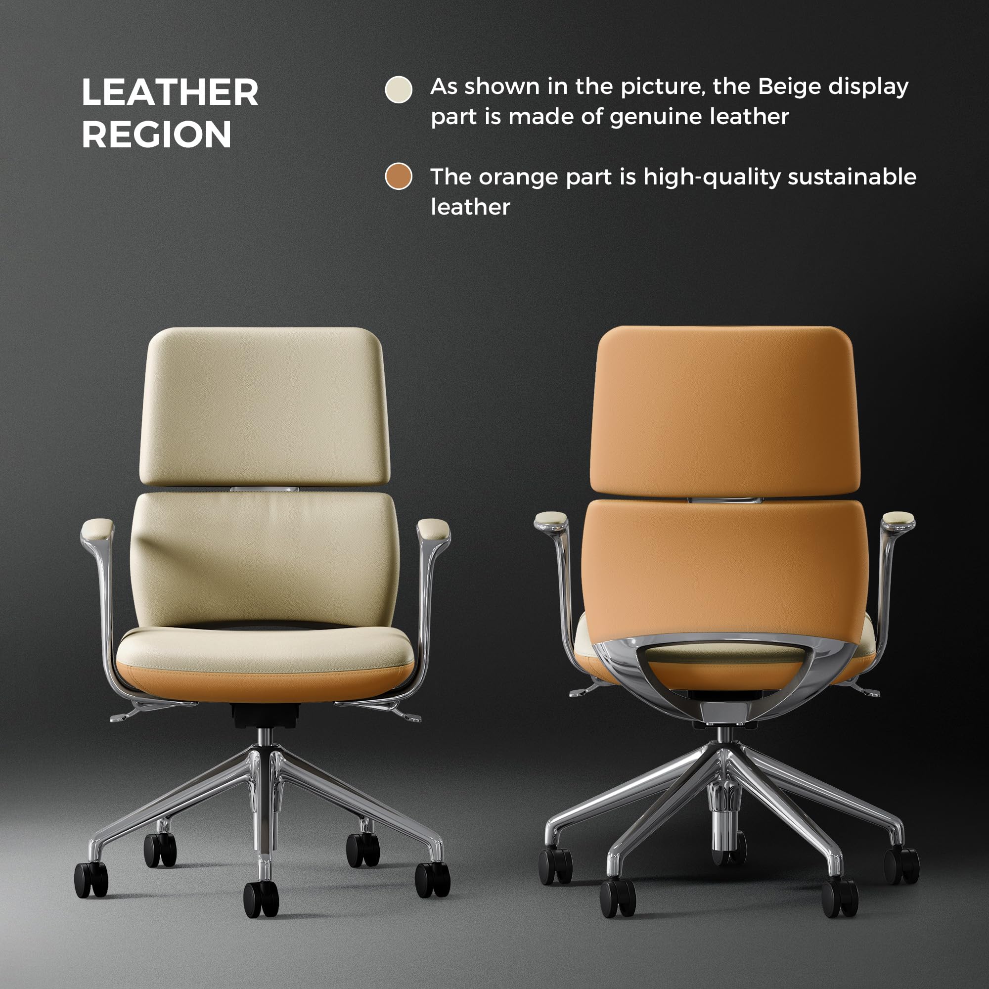 Genuine Leather Office Desk Chair with Wheels, Ergonomic Leather Executive Chair, Mid Back, Swivel Base with Adjustable Tilt, Modern Style, Luxury Aluminum Frame (Beige)
