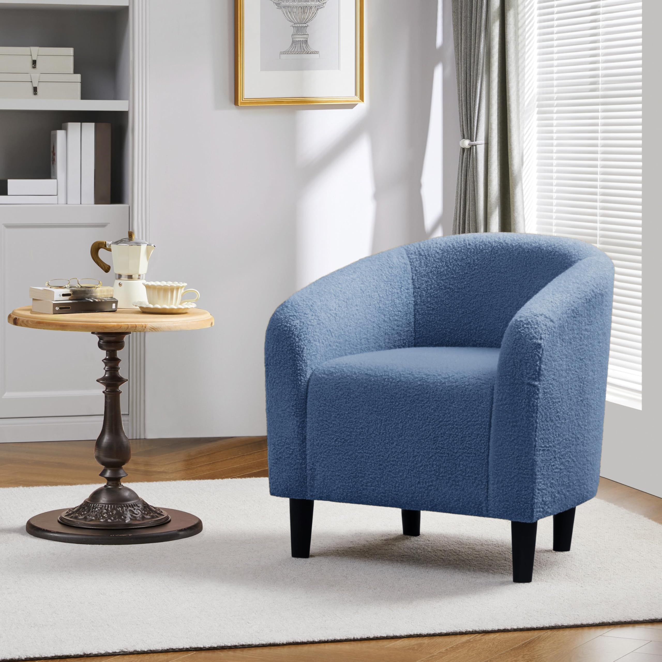 Accent Barrel Chair, Boucle Fabric Club Chair, Furry Sherpa Elegant Armchair with Cozy Soft Padded, Suitable for Living Room Bedroom Reception Room Office, Blue