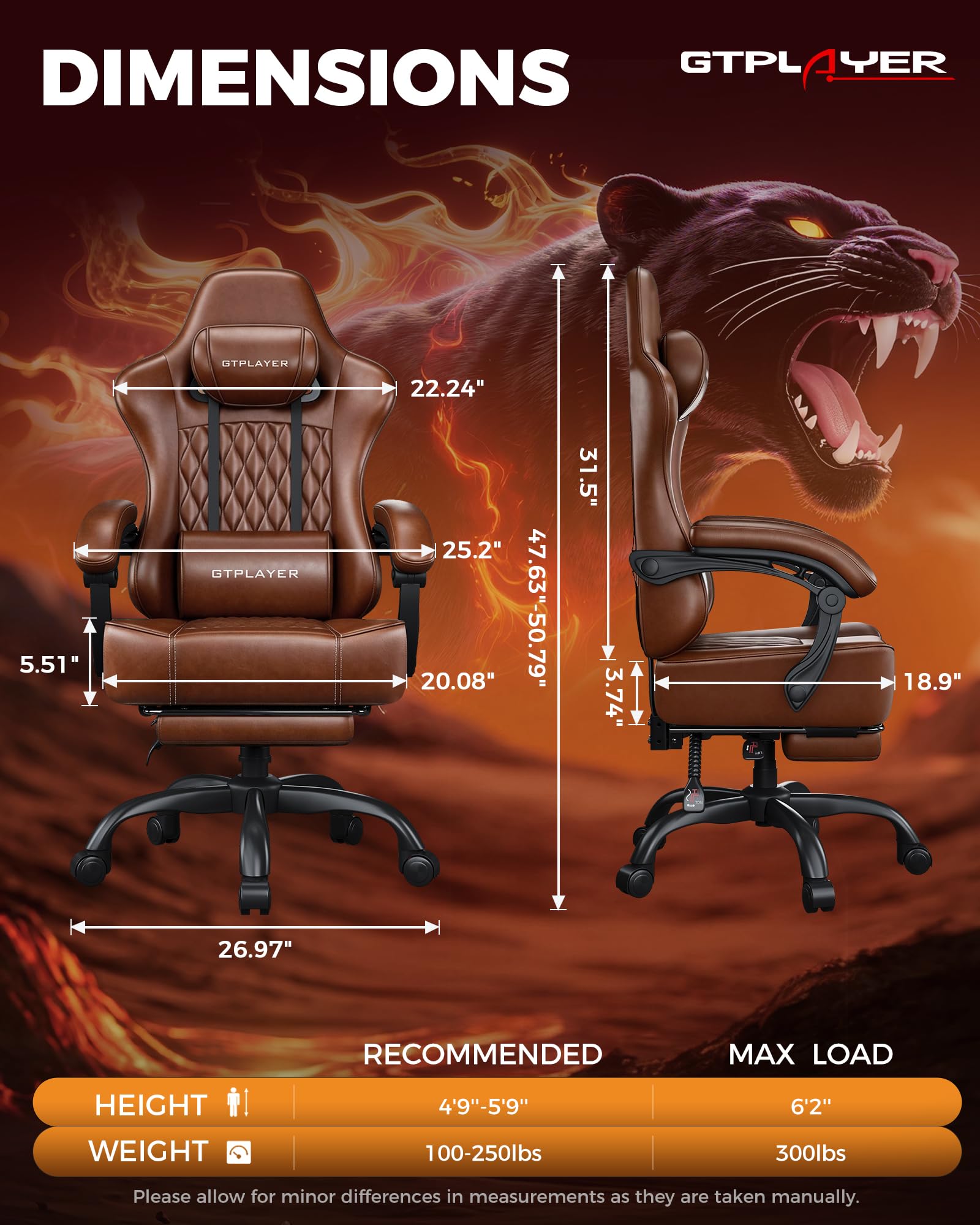Big and Tall Gaming Chair with Footrest, Ergonomic Office Desk Chair with 4.4in Thick Cushion and Wide Wingless Seat, Comfortable Leather Computer Chair, Predator Series, Chocolate Brown