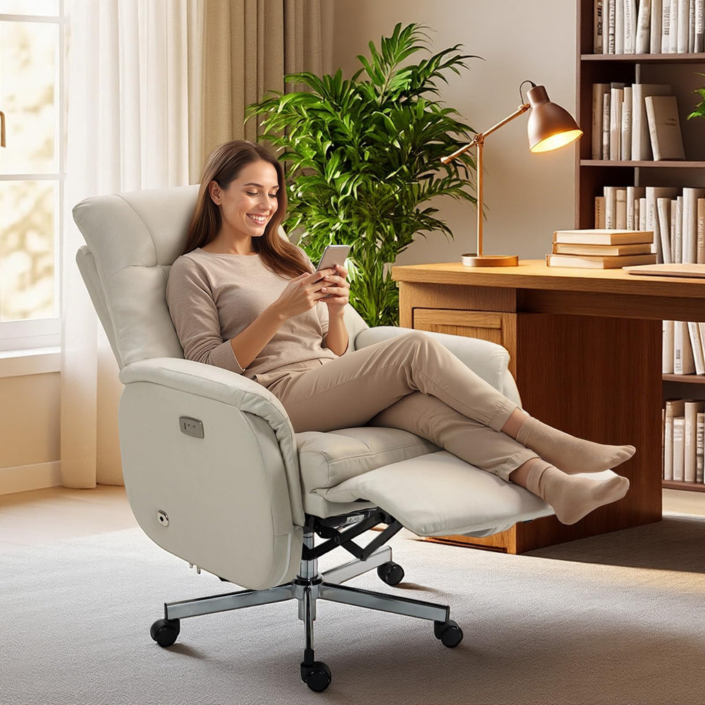 Electric Office Chair with USB Charging, Recliner Executive Office Chair with Footrest, Big and Tall High-Back Desk Chair, 400LBS Weight Capacity, Microfiber, Beige