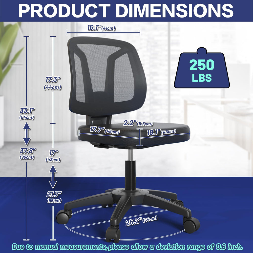 Armless Office Desk Chair No Arms with Back Support Rolling Wheels for Home Study office Work