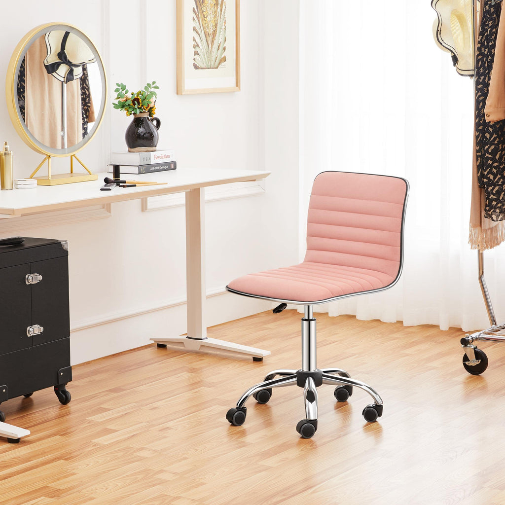 Velvet Low Back Armless Ribbed Vanity Chair Height Adjustable Swivel Task Office Chair, Apricot Pink
