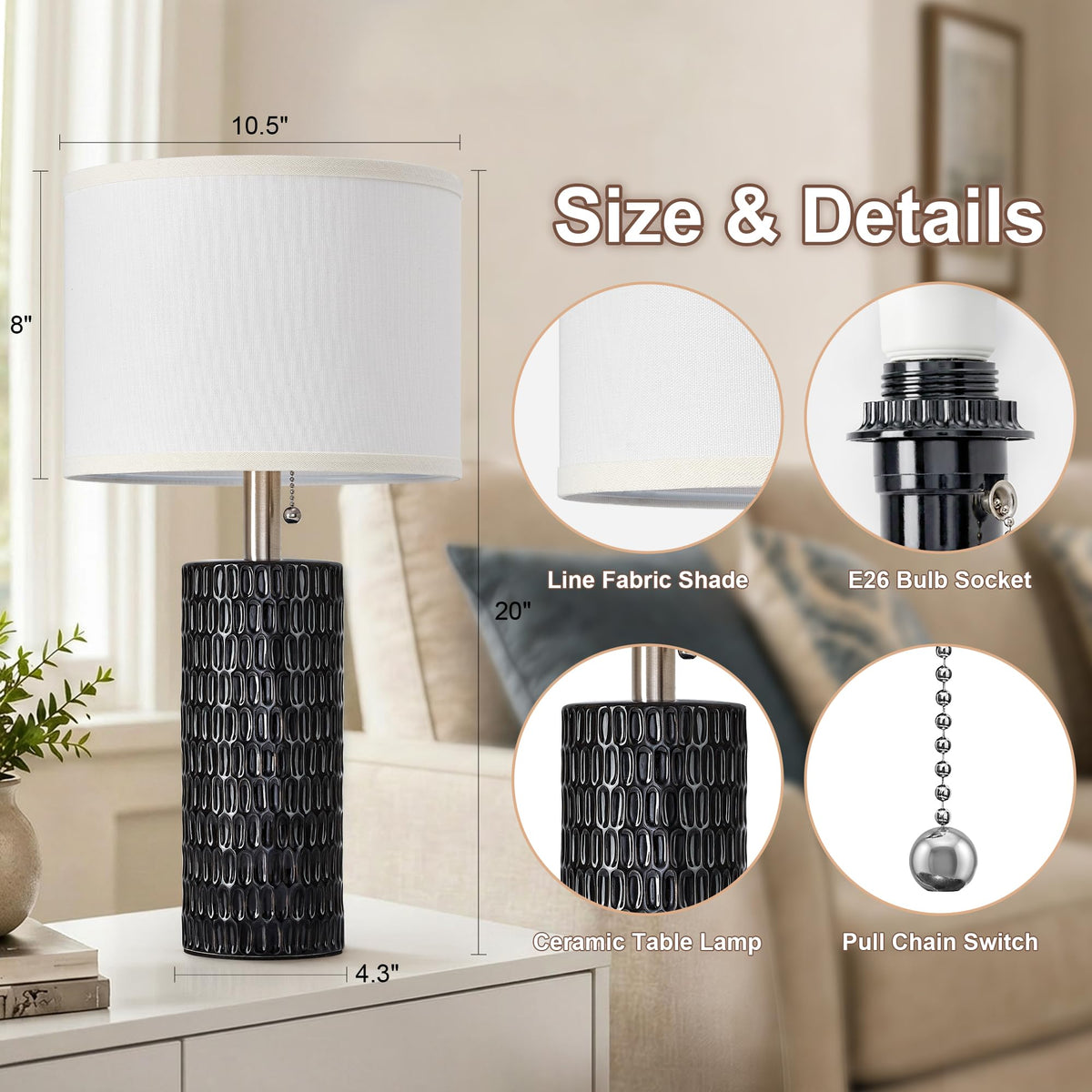20” Modern Table Lamps Set of 2, Lamps for Bedroom, Black