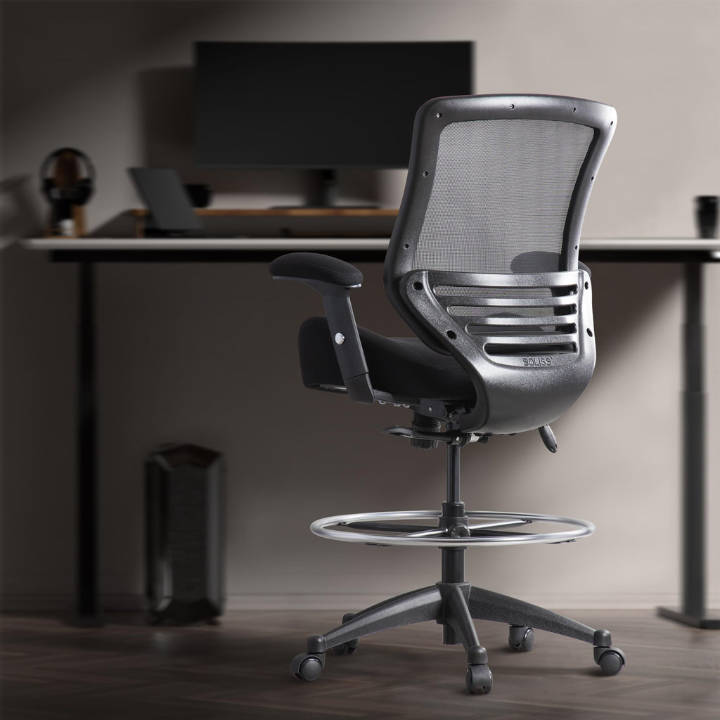 400lbs Mid Back Mesh Ergonomic Drafting Chair for Standing Desk Office Wide Chair Built-in Lumbar Support Big Adjustable Foot Ring Height Adjustable Armrest (Black)