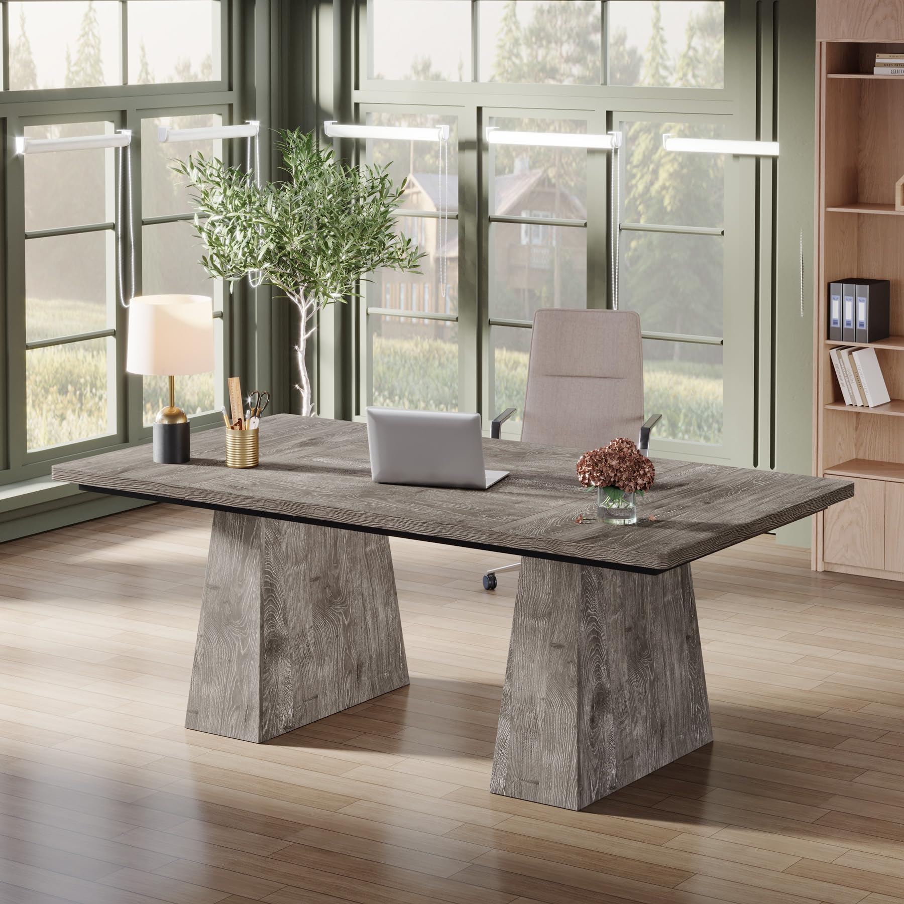 63-Inch Executive Desk, Large Office Computer Desk with Double Pedestal, Modern Simple Workstations Writing Table Conference Table Business Furniture for Home Office, Grey