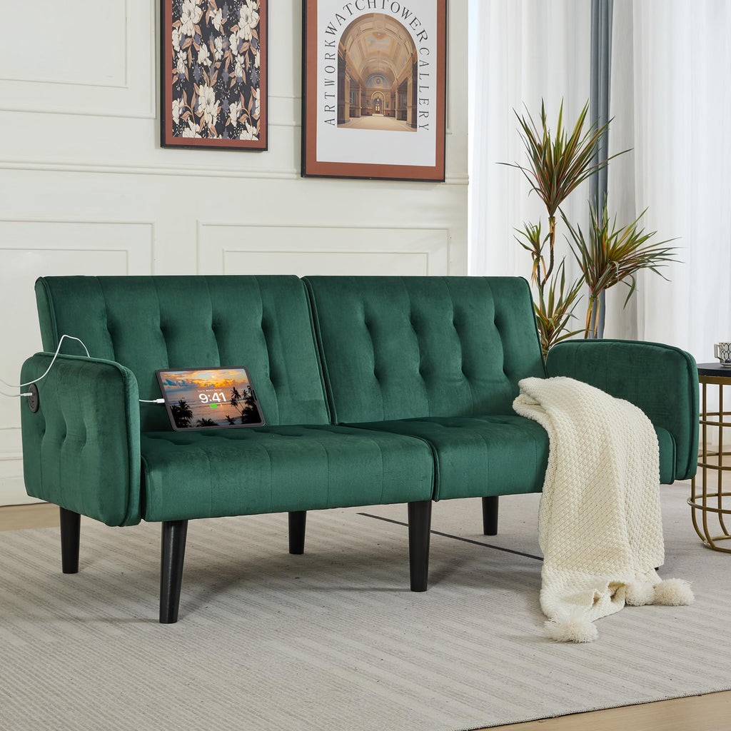 65" W Velvet Modern Convertible Folding Futon Couch Sofa Bed w/ 2 USB Charging Ports and arms, Loveseat for Office, Living Room, Apartment, Bedroom (Green)