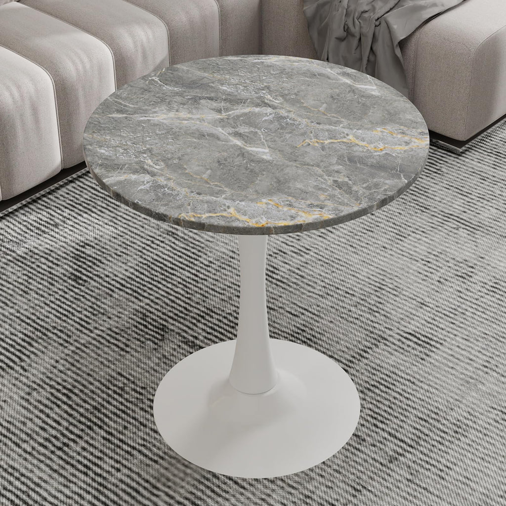 Sybrioka 27.6" Marble Round Tulip Table, Mid-Century Modern Style Dining Table with White Pedestal Base for 2-4 People, Featuring A Marble Tabletop for Kitchen, Dining Room, Cafe (Dark Grey)