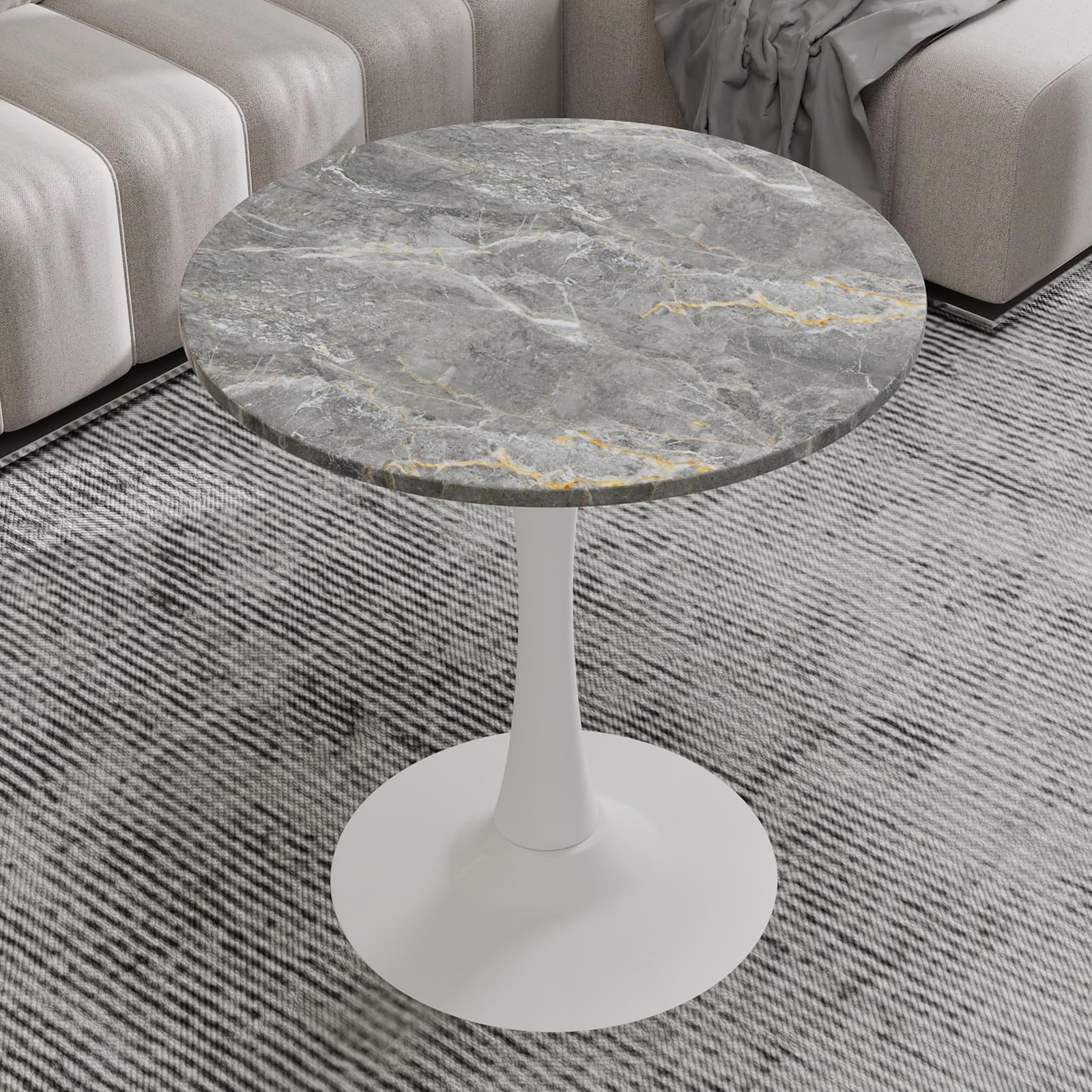 Sybrioka 27.6" Marble Round Tulip Table, Mid-Century Modern Style Dining Table with White Pedestal Base for 2-4 People, Featuring A Marble Tabletop for Kitchen, Dining Room, Cafe (Dark Grey)