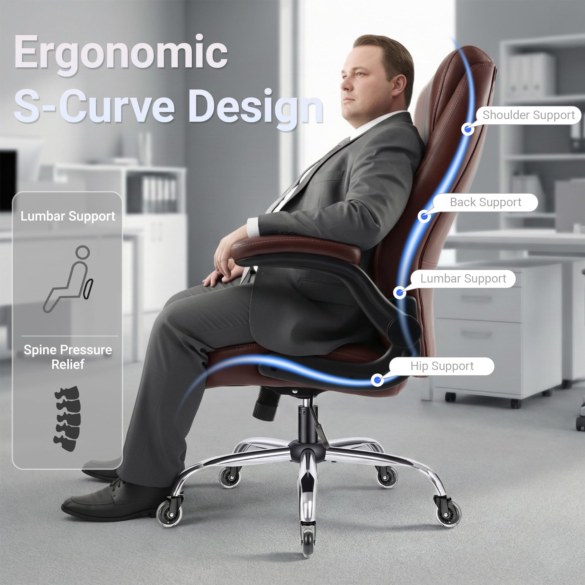 Big and Tall Office Chair for Heavy People, 500LBS High Back Extra Wide Executive PU Leather Office Chair with Flip-Up Armrests, Quiet Rubber Wheels, Comfortable Home Office Desk Chair(Brown)