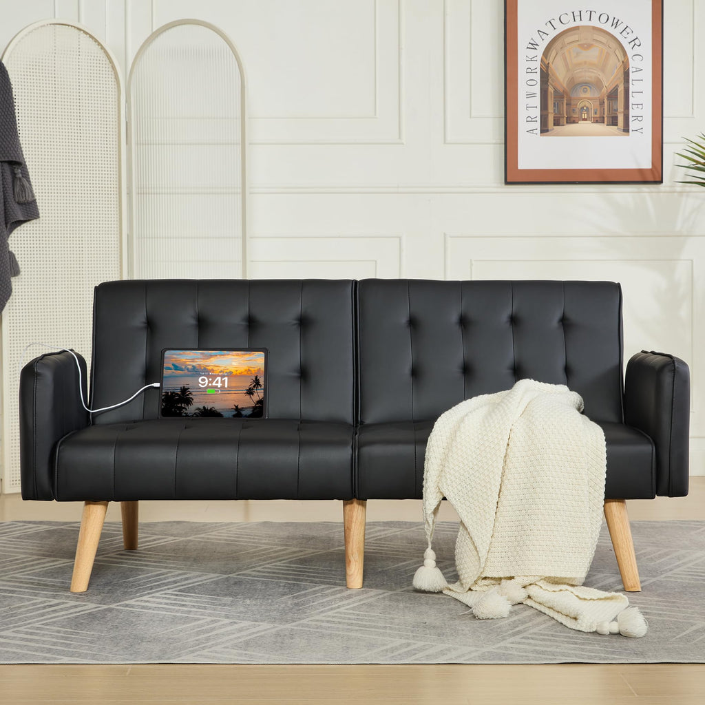 Faux Leather Convertible 65'' Folding Futon Sofa Bed w/ 2 USB, Loveseat for Small Space, Office, Apartment, Dorm, Living Room, Black