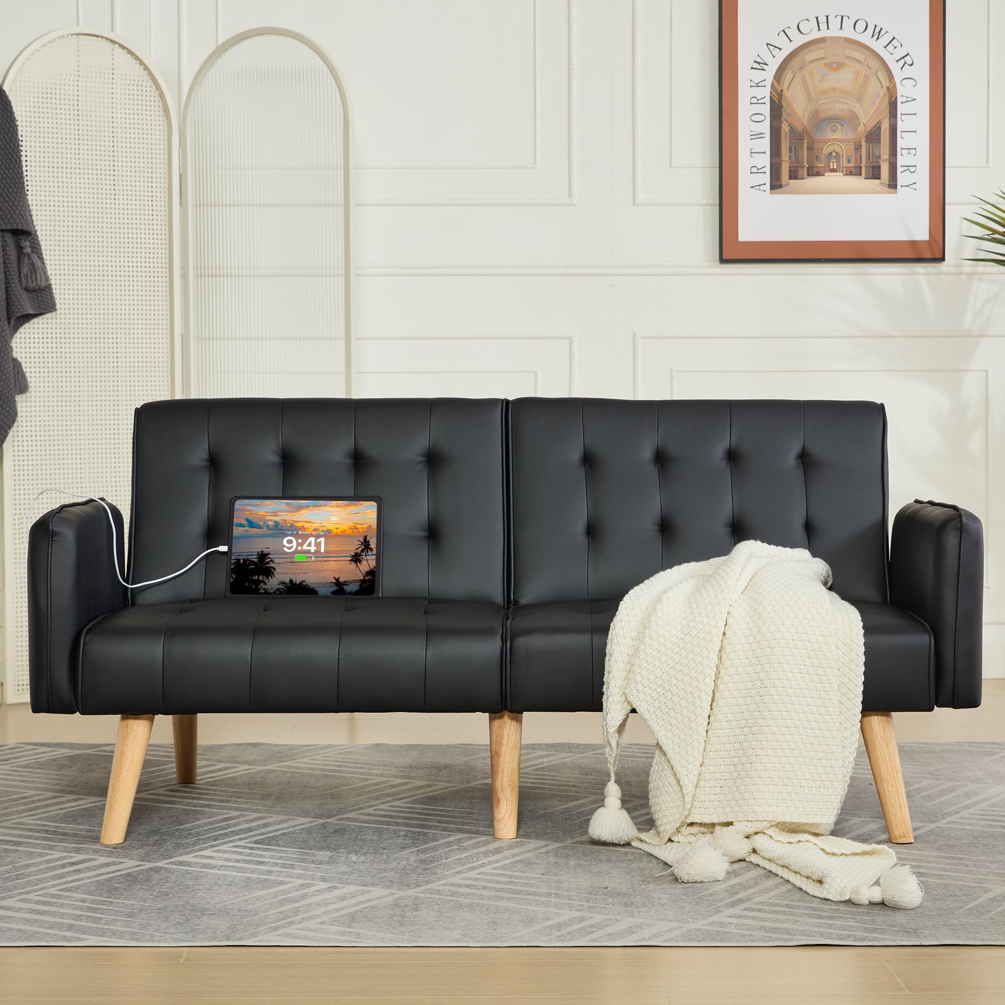 Faux Leather Convertible 65'' Folding Futon Sofa Bed w/ 2 USB, Loveseat for Small Space, Office, Apartment, Dorm, Living Room, Black