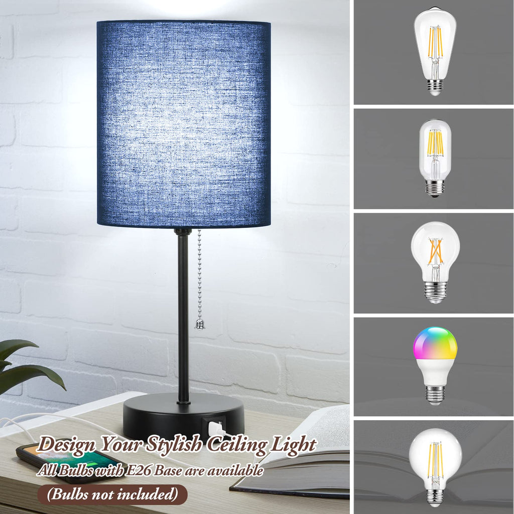 Bedside Table Lamps Set of 2 with USB Charging Ports and AC Outlet, Blue