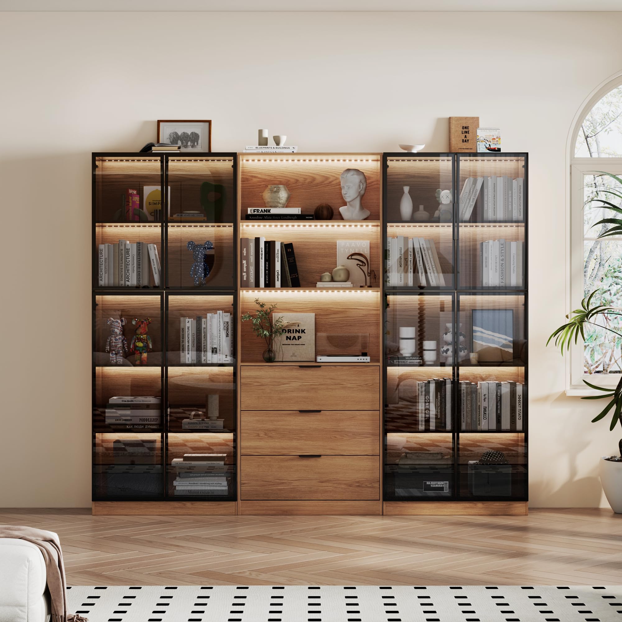 78.7" H Tall Bookcase Storage Cabinet with LED Lights and Drawers, 5 Tier Wood Storage Shelves with Glass Doors, Expandable Bookshelf Display Cabinet for Living Room, Home Office (B+A+B)