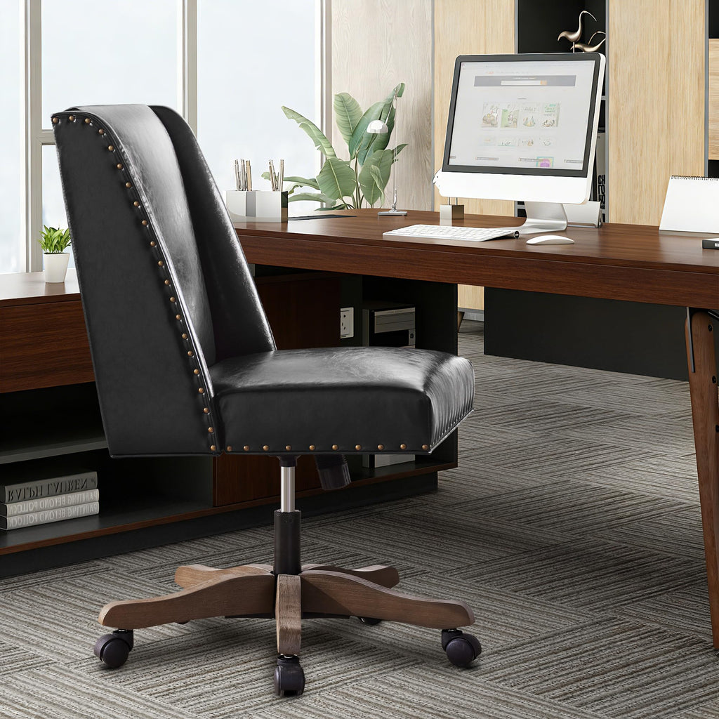 Armless Home Office Chair with Wooden Legs, Modern Leather Upholstered Office Desk Chair No Arms Sewing Chair Adjustable Swivel Desk Chair for Farmhouse Office Study Studio (Black)