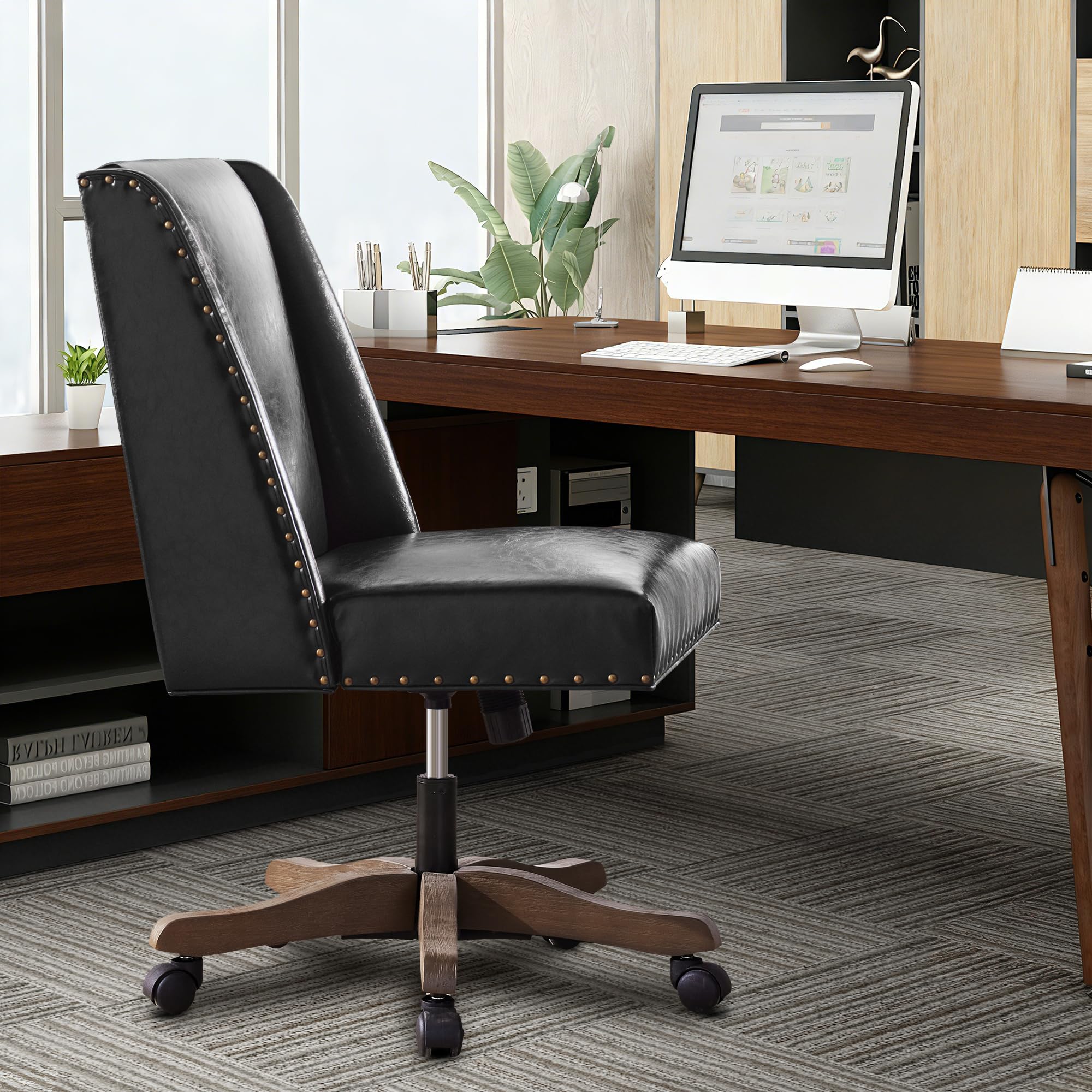 Armless Home Office Chair with Wooden Legs, Modern Leather Upholstered Office Desk Chair No Arms Sewing Chair Adjustable Swivel Desk Chair for Farmhouse Office Study Studio (Black)