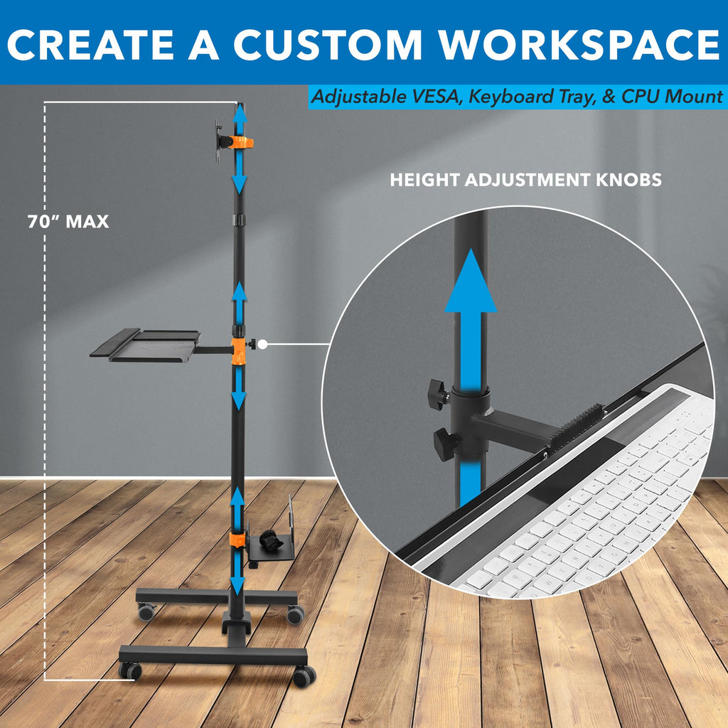 Rolling Computer Cart on Wheels, Mobile Desk Workstation with Monitor Mount for up to 32" Screen, Full Keyboard Tray, Floating Adjustable CPU Holder, Standing up to 70" Tall