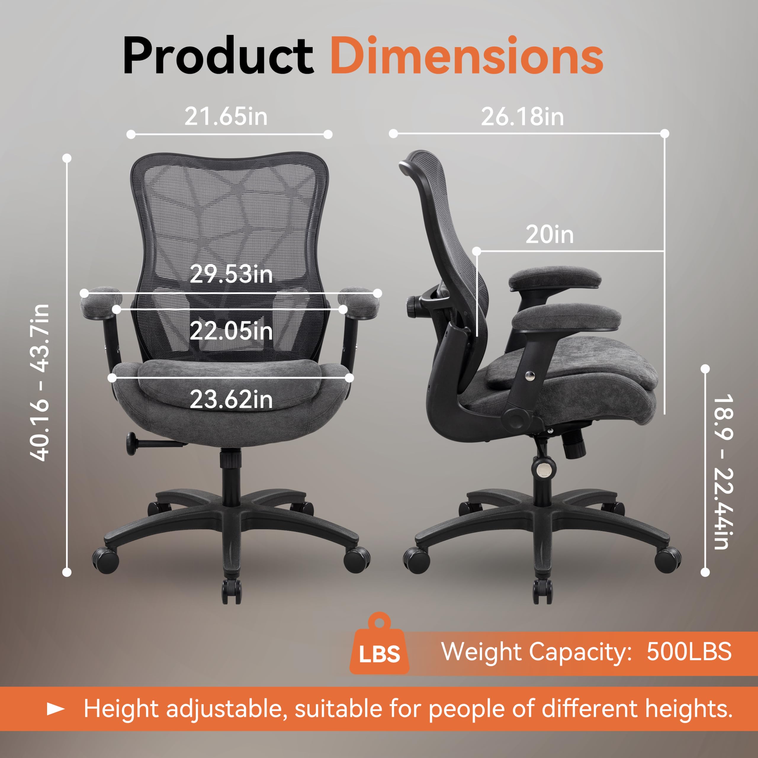 Big and Tall Office Chair 500lbs Heavy Duty Ergonomic Mesh Desk Chair with 23.6" Extra Wide Seat, 29.5" High Back, Adjustable Lumbar Support & Flip-Up Arms for Large Body Types (Dark Gray)