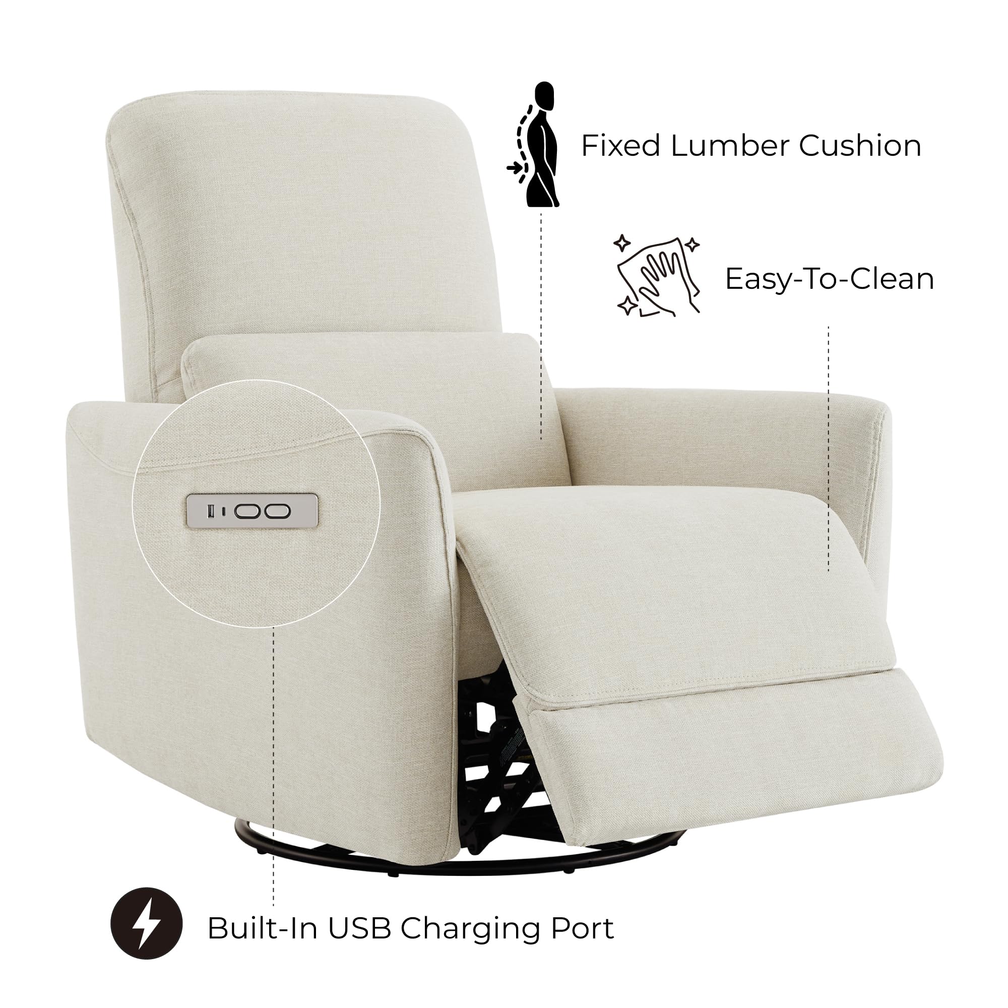 Power Recliner Chair Swivel Glider, FSC Certified Upholstered Living Room Nursery Reclining Sofa Chair with Lumbar Support, Linen
