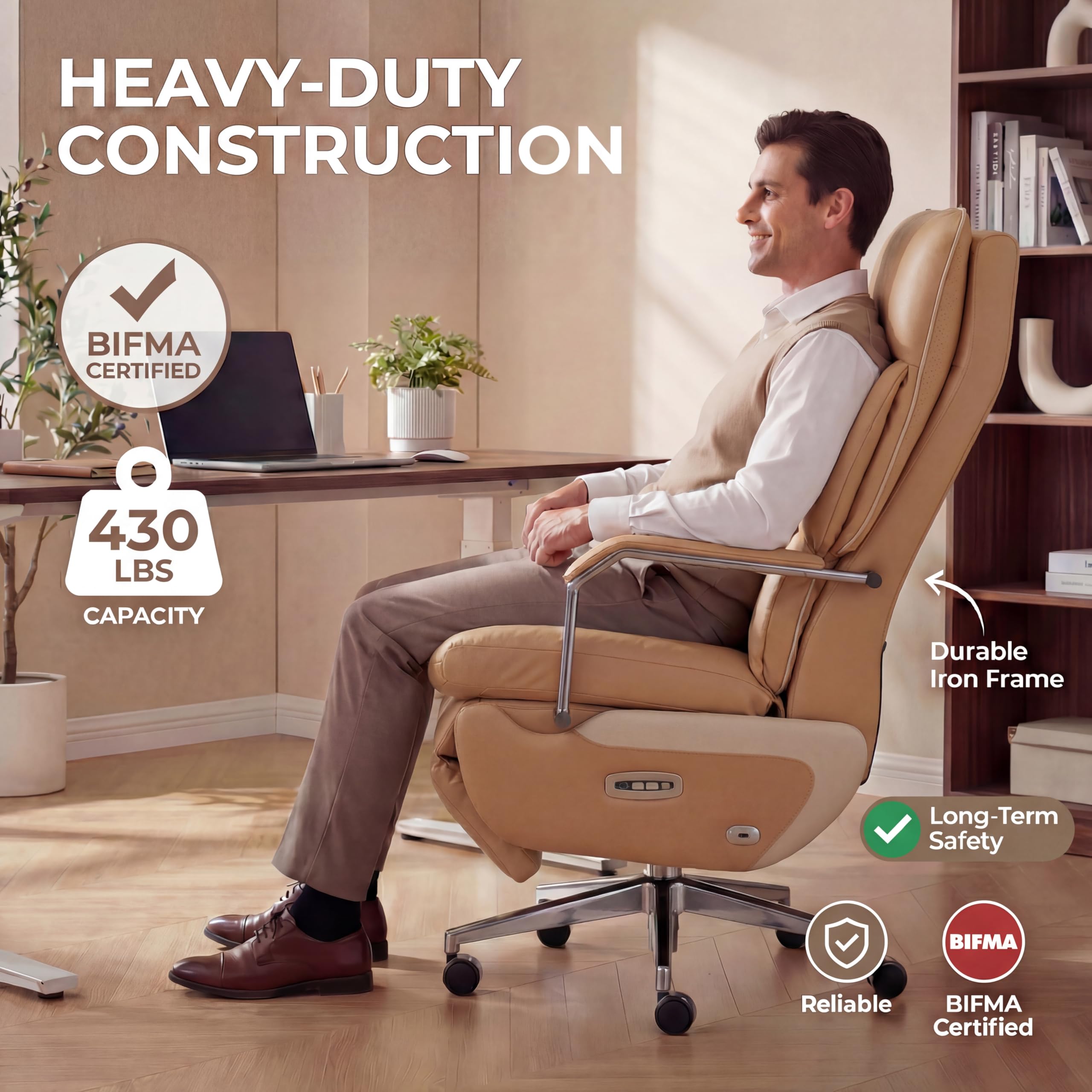 Dual Motor Executive Reclining Office Chair with Footrest – One-Click Electric Recline, Massage Lumbar Support & Pillow, Big and Tall PU Leather Ergonomic Desk Chair for Home Office/Gaming(Brown)