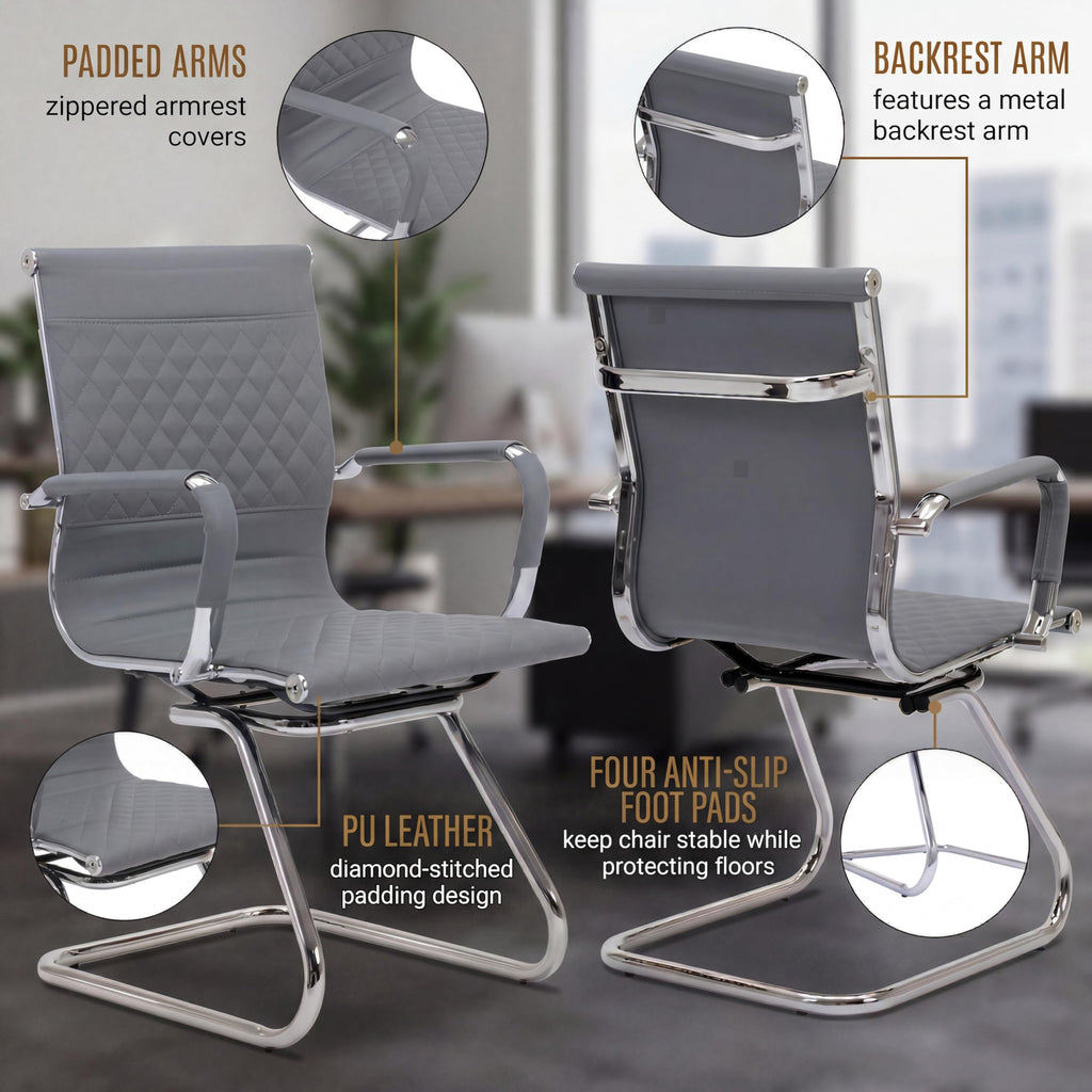 Office Chairs Set of 4 - PU Leather Desk Chair No Wheels with Arms - 400LB Capacity Sled Base Waiting Room Chairs, Modern Conference Chair for Home Office, Lobby, School Grey