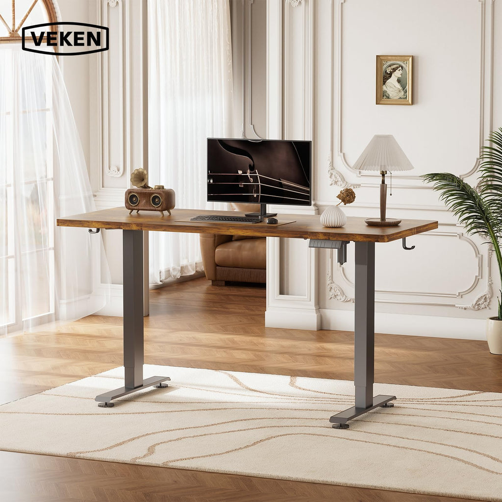 55 Inch Large Electric Standing Desk, Heights Adjustable, Sit to Stand Up, Work Home Office Computer Table for Study, Walking Pad, Writing, and Games, Wooden Desktop Desks, Brown