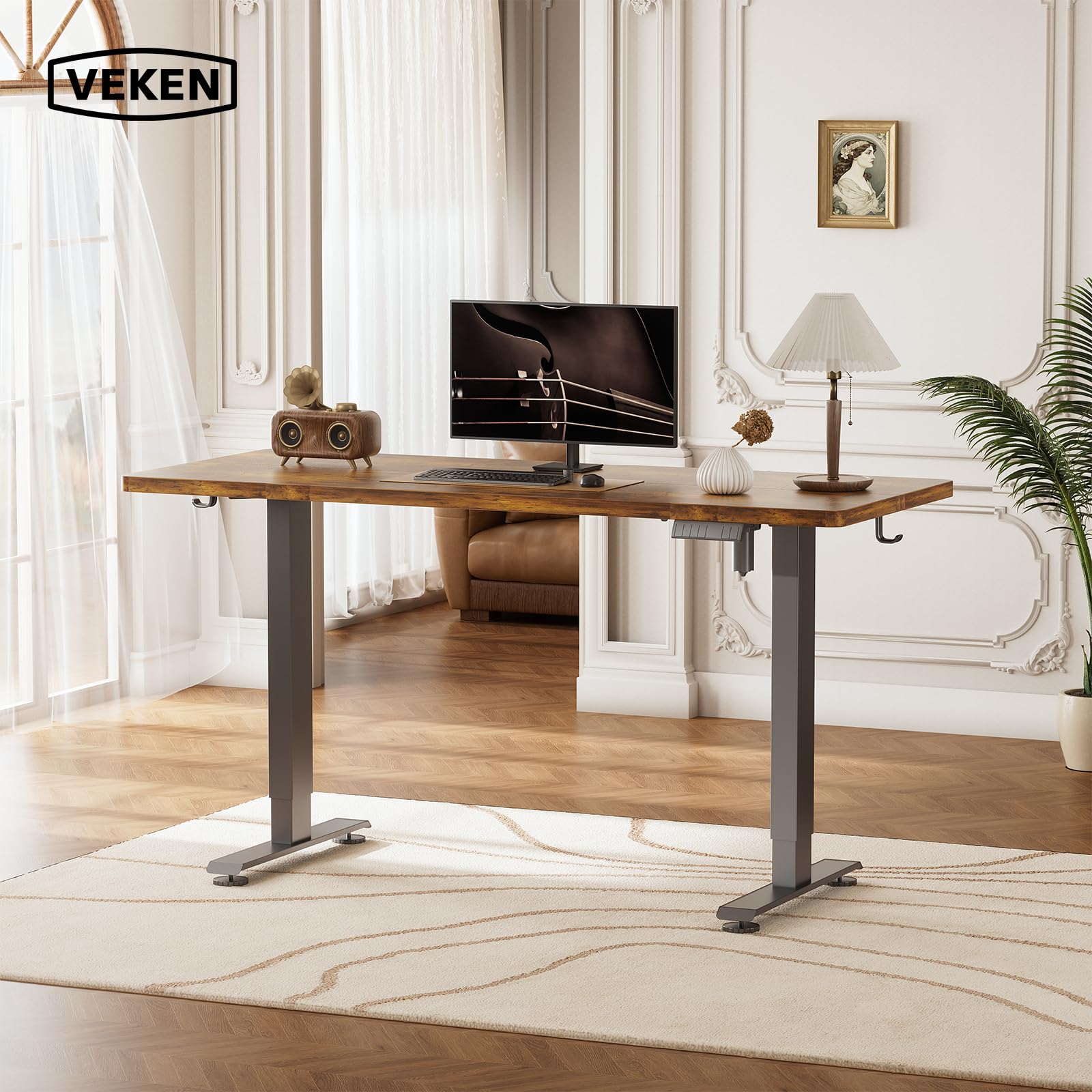 55 Inch Large Electric Standing Desk, Heights Adjustable, Sit to Stand Up, Work Home Office Computer Table for Study, Walking Pad, Writing, and Games, Wooden Desktop Desks, Brown