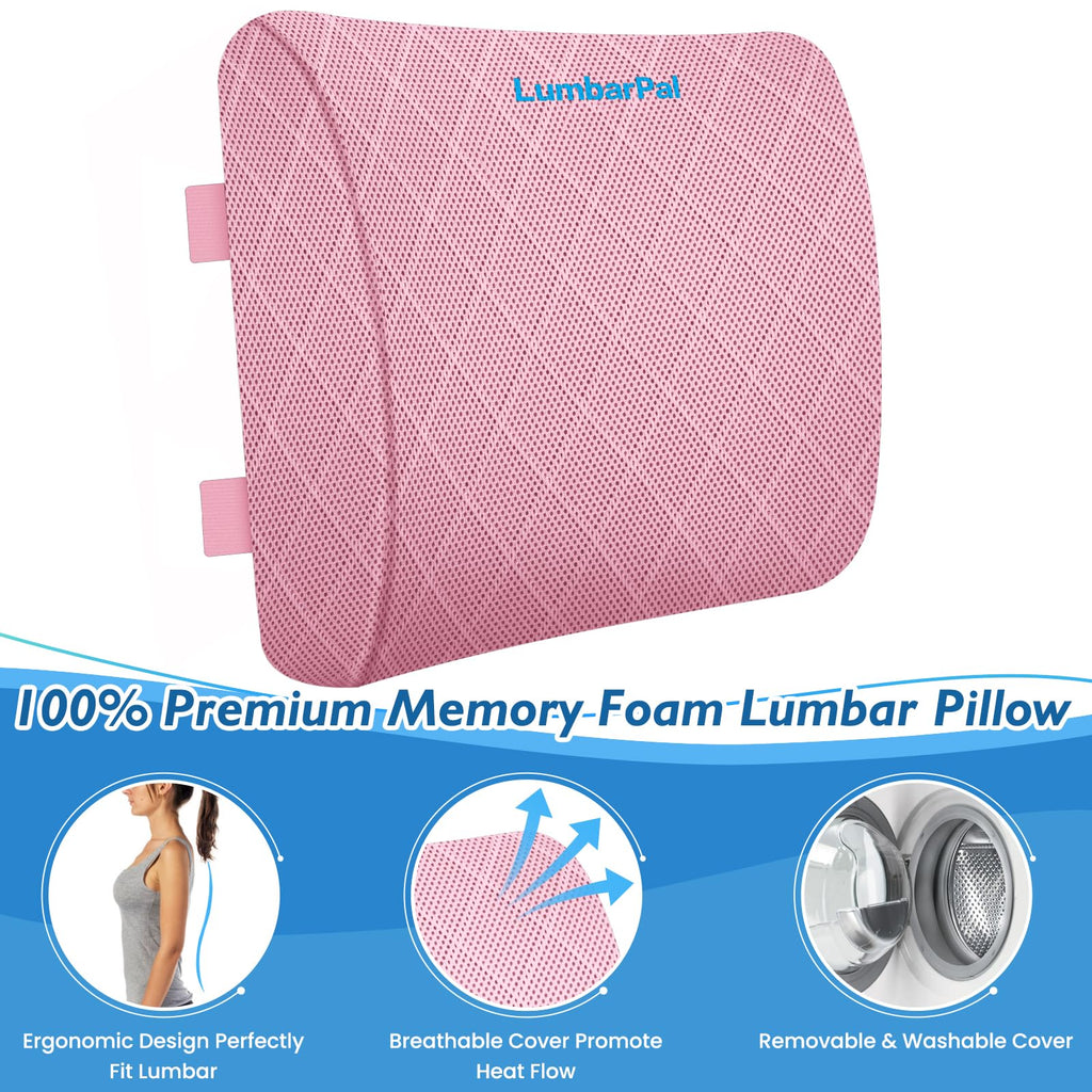 Lumbar Support Pillow for Office Chair Back Support Lumbar Pillow for Car, Gaming, Office Chair - Improve Sitting Posture & Back Pain Relief, Memory Foam, Adjustable Straps, Pink